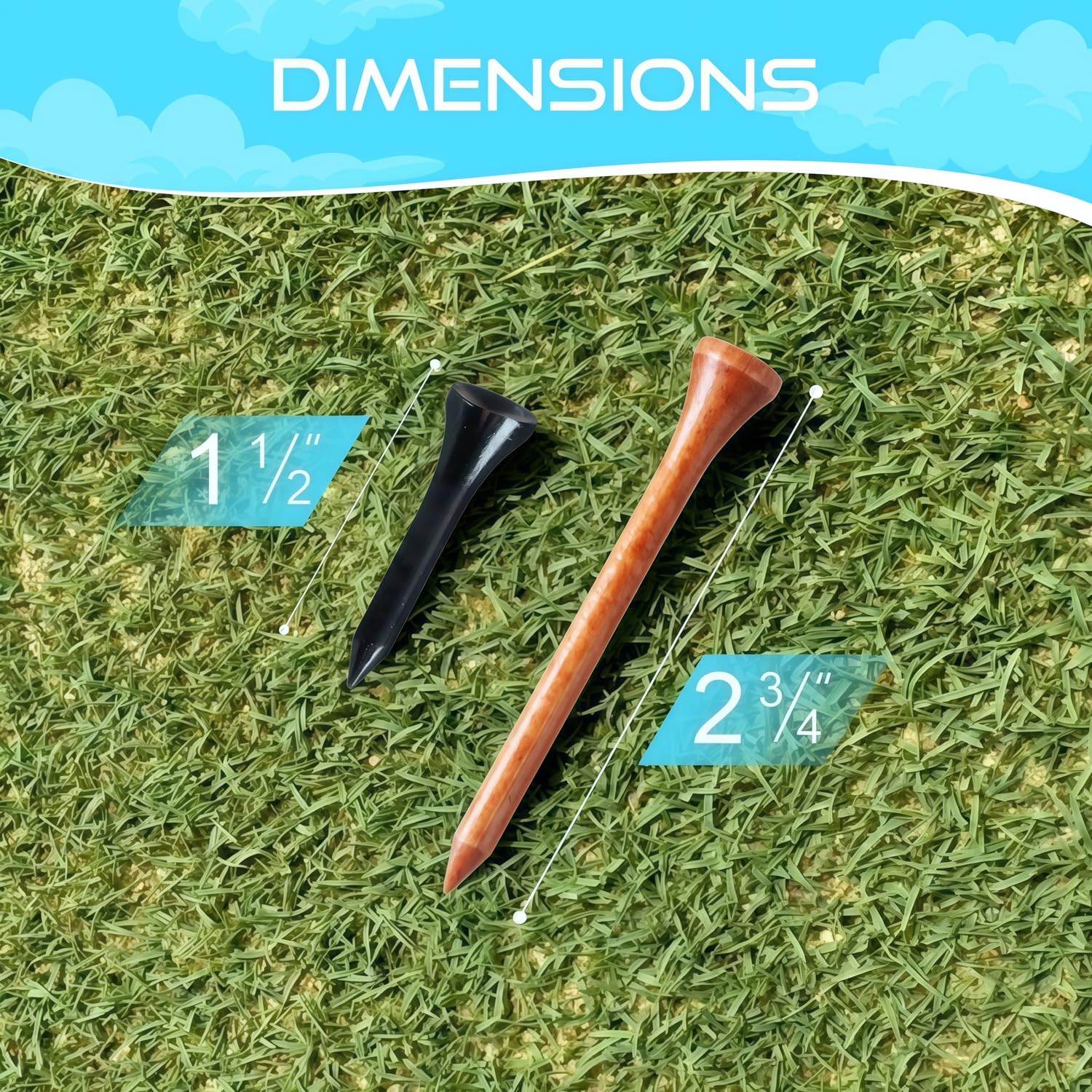 Golf-Tees, mehrere Farben, gemischte Größen, 100 Stück, professionelle Golf-Tees aus Bambus/Holz, Größe 8,9 cm, 6,4 cm und 3,8 cm, reduzieren Reibung und Widerstand