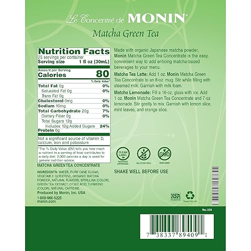 Miniatura 2 de Monin - Concentrado de té verde matcha, matcha japonesa orgánica, 40 mg de cafeína, ideal para lattes, limonadas y postres, sin OMG, sin gluten
