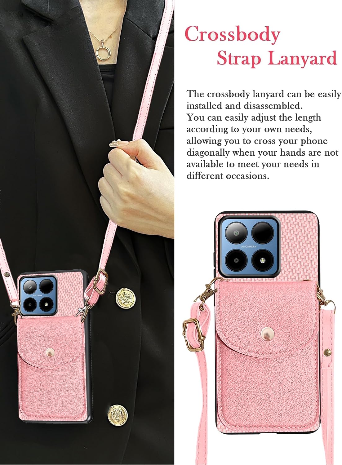 Back Wallet Phone Case for Motorola Moto G Stylus 2025 5G with Detachable Lanyard, Crossbody Lanyard Strap & Wrist Strip Cover | ID Card/Cash Holder Slots Stylish Cover for Women (Pink)