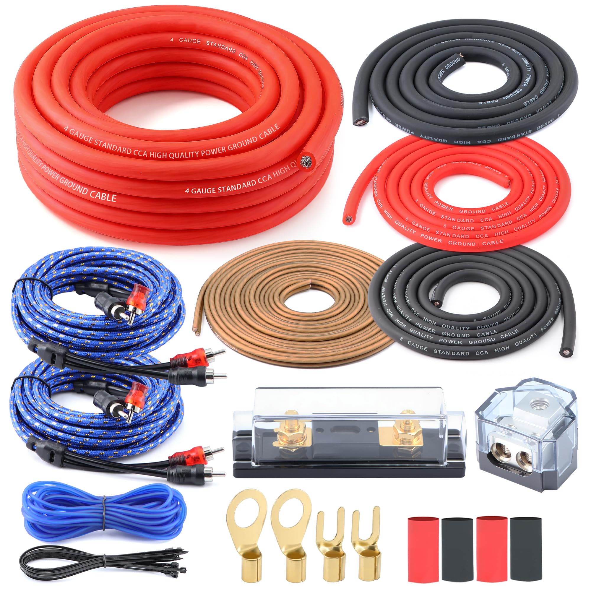 0 Gauge True Dual Amp CCA Wiring Kit - with 200A ANL Fuse, OFC RCA & 14 Gauge Speaker Wire | Complete Power/Ground Cables & Distribution Block for High-Performance Car Audio