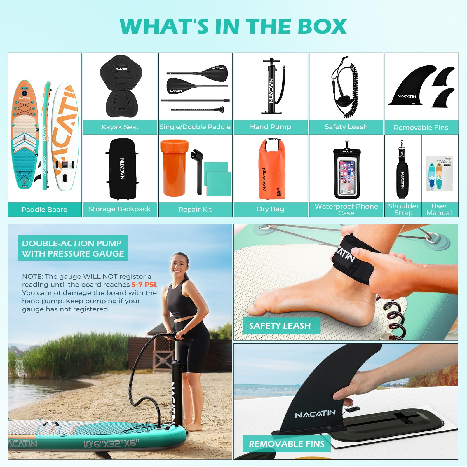 Pádel Inflable Adulto, NACATIN 10'6" Stand Up Paddle Inflable con Paleta Ajustable, Bomba, Mochila Impermeable, Ideal para Todos los Niveles de Habilidad (Asiento de Kayak Opcional Disponible)