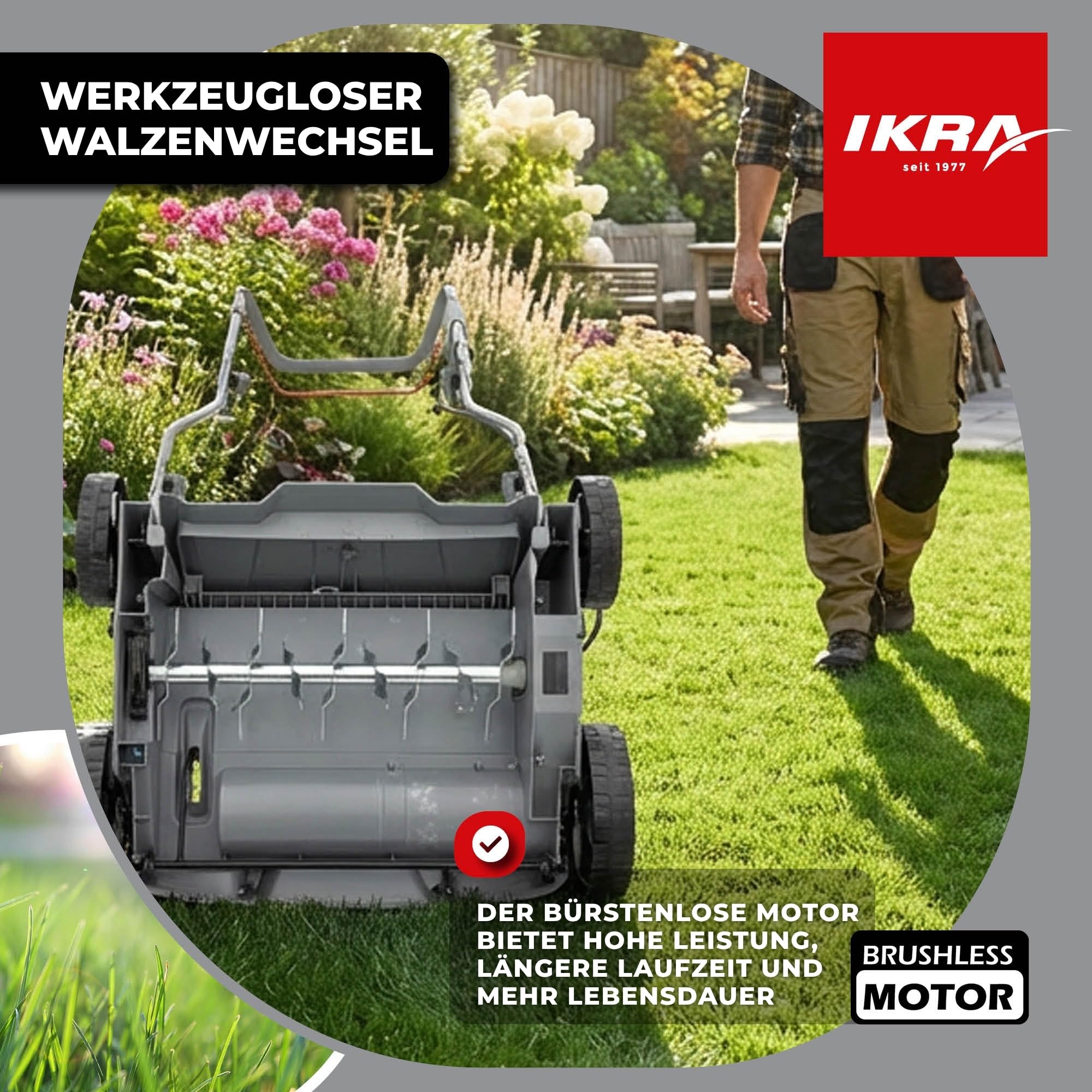 IKRA Akku Vertikutierer Rasenlüfter 3in1 IAVL 2-2032, Arbeitsbreite 32cm | Inkl. 2x Akku 20V 2,0Ah & Schnelllader, Fangkorb 30l, +3 bis -9mm, werkzeugloser Walzenwechsel, 20V-Akku-Familie von IKRA