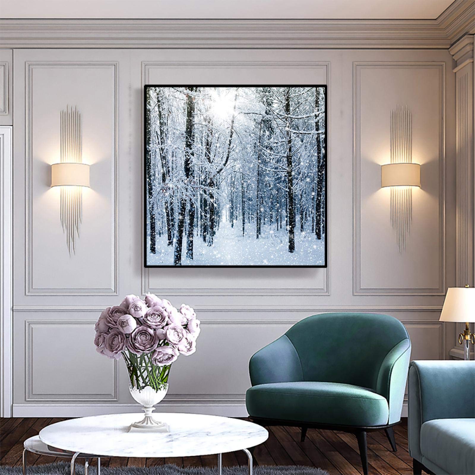 Toile neige arbre décoration murale 40x40 cm pour illuminer un salon sombre et moderne