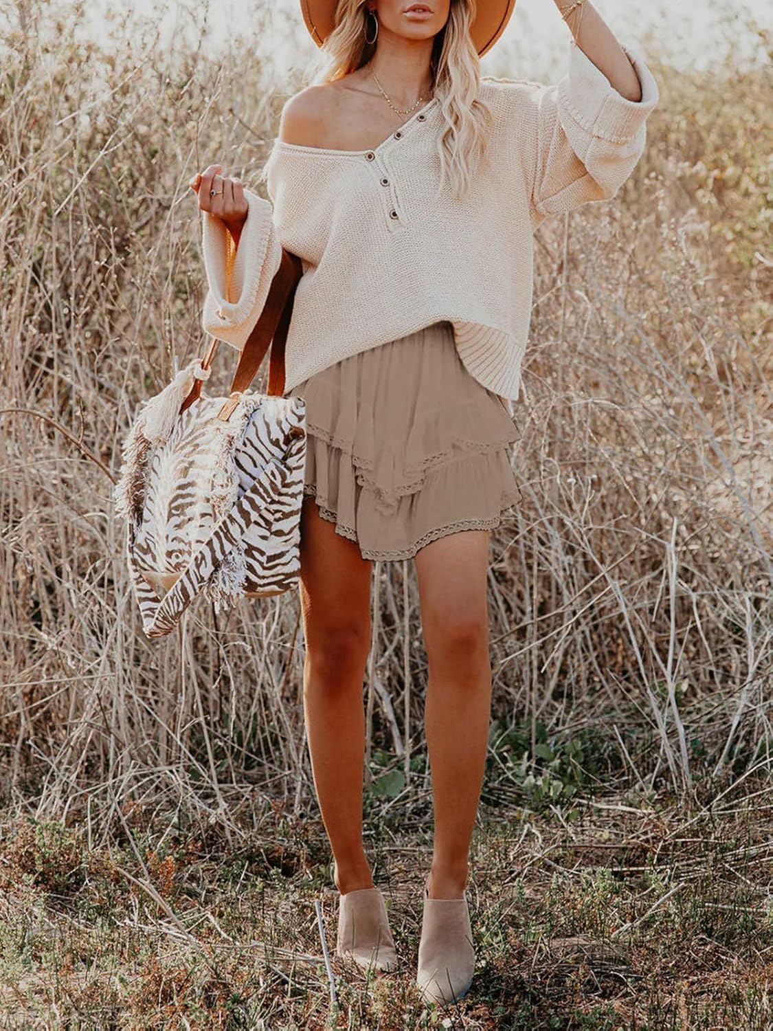 Flowy Shorts for Women Casual Boho Ruffle Tiered Skorts High Waist Mini Skirts Golf Tennis Crochet Shorts - Image 3