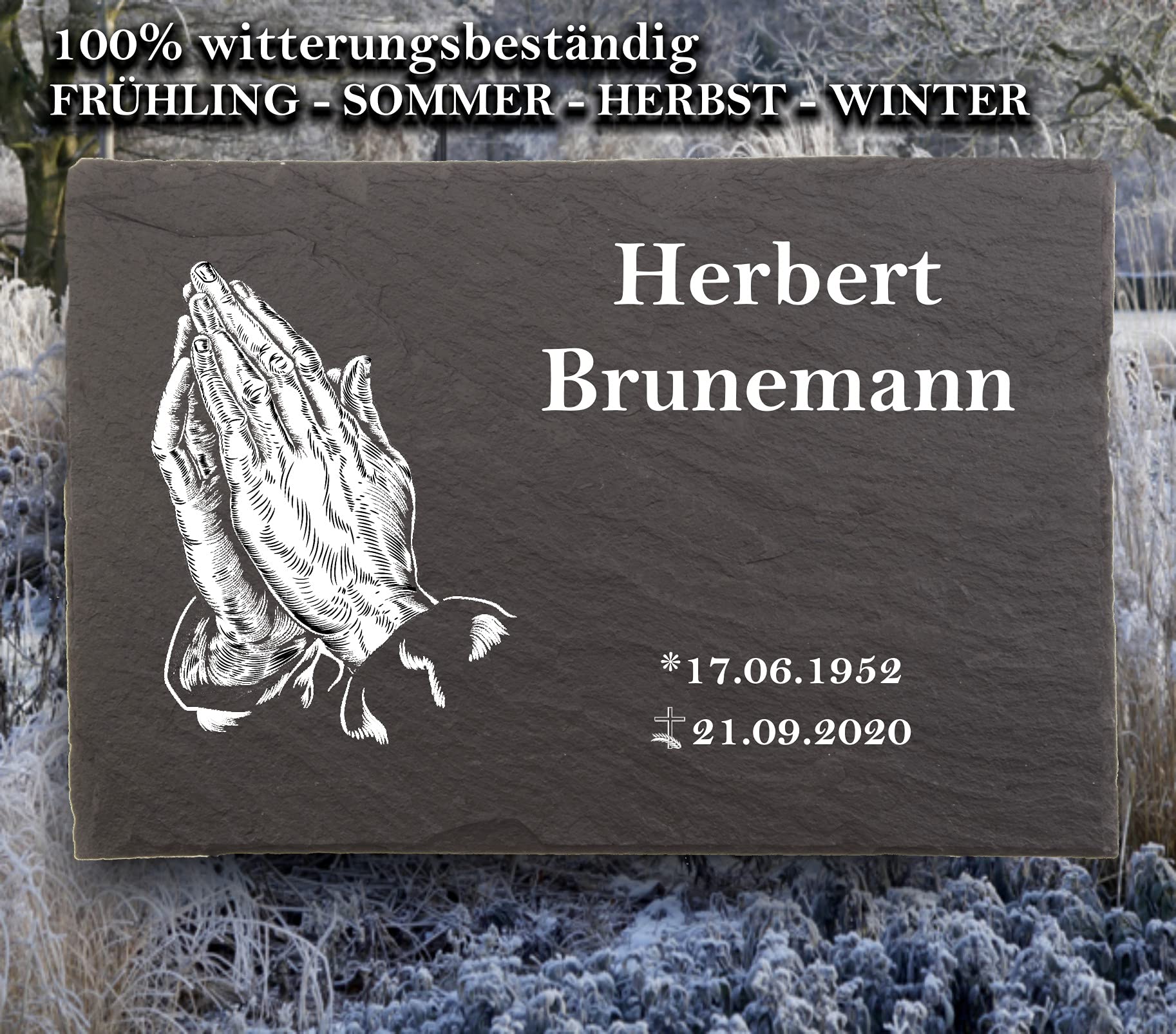 Urnengrabstein Betende Hände, Grabsteine, Grabplatten mit personalisierter Lasergravur, 30cm x 20cm 100% witterungsbeständig, Naturschieferstein