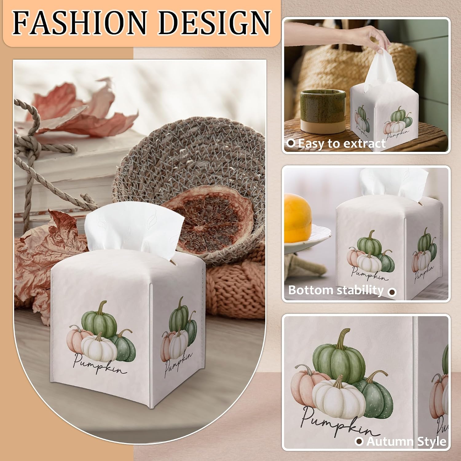 Autumn Leather Tissue Box Cover, Colorful Pumpkin Tissue Box Cover, Tabletop Living Room Kitchen Vanity Office Farmhouse, Unique Thanksgiving & Housewarming Gift for Women, Aesthetic Home Decor-B36 image 2