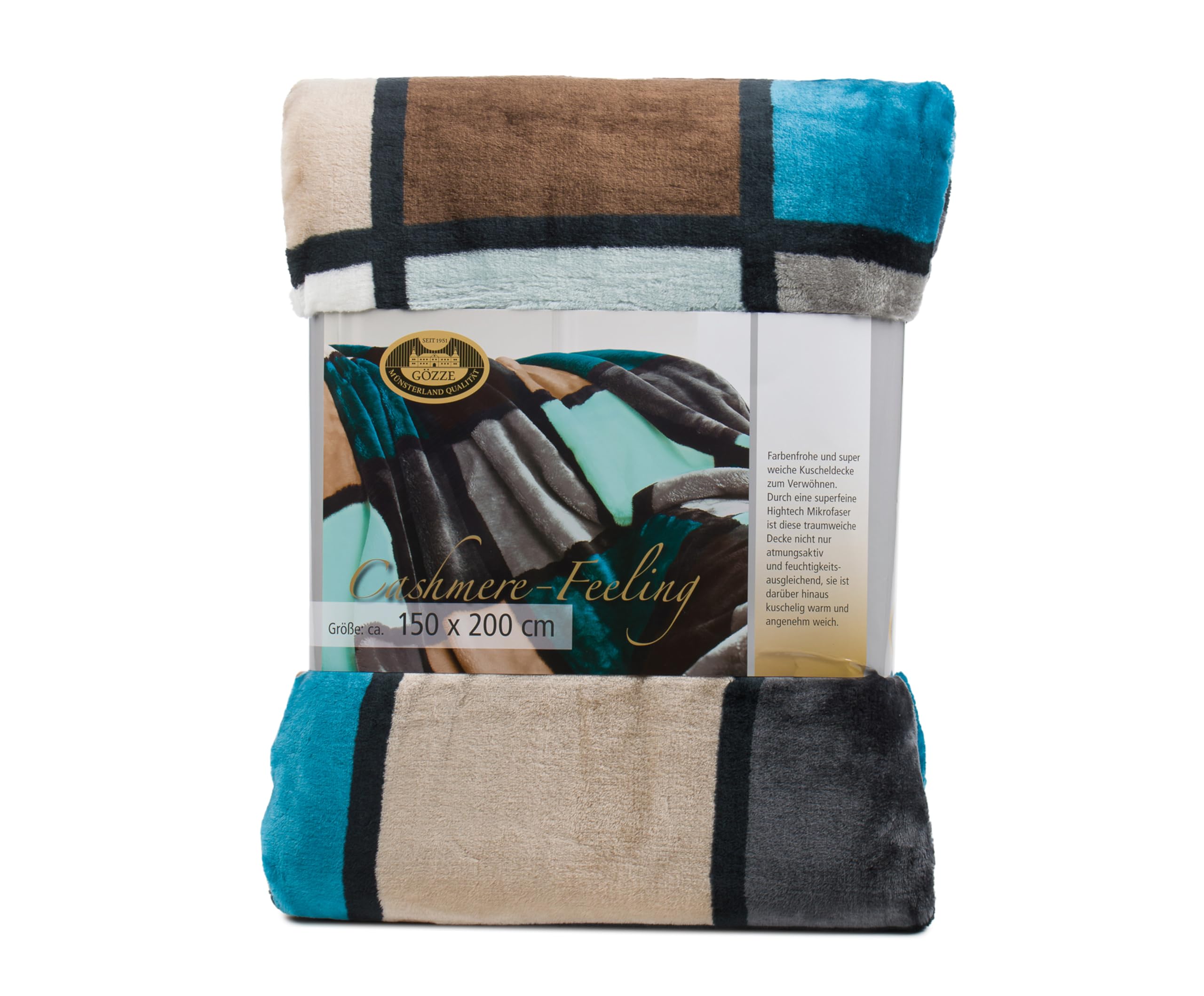 Gözze - Manta suave de, tacto cachemira, tejido de alto gramaje 500 g/m², 150 x 200 cm - Azul/Marrón topo/Turquesa