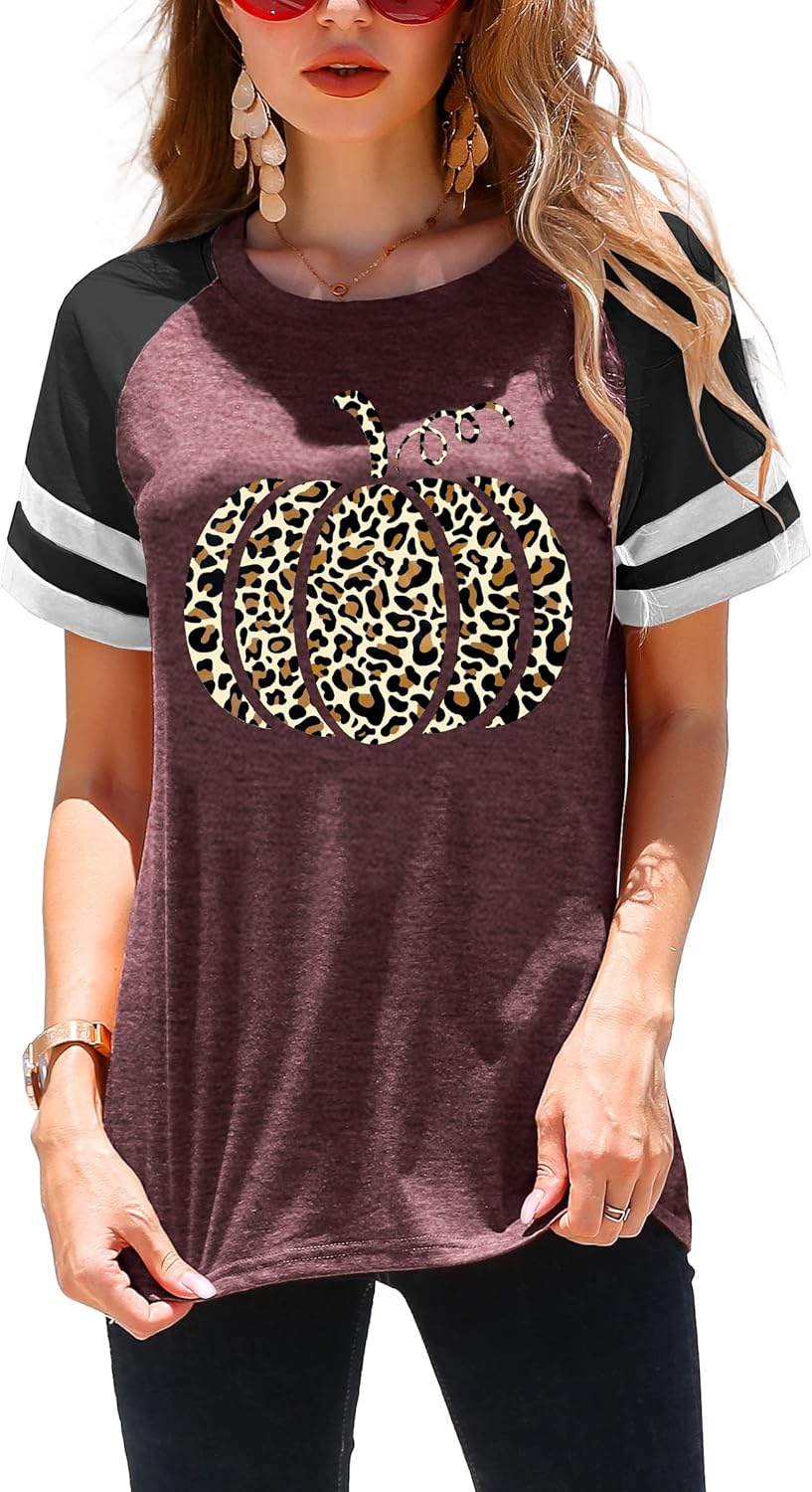 Halloween Pumpkin T Shirt Women Leopard Graphic Tees Fall Shirt Raglan Short Sleeve Thanksgiving Gift Top - Image 3