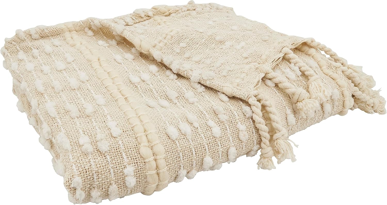 SARO LIFESTYLE Textured Stripe Woven Fringe Throw Blanket