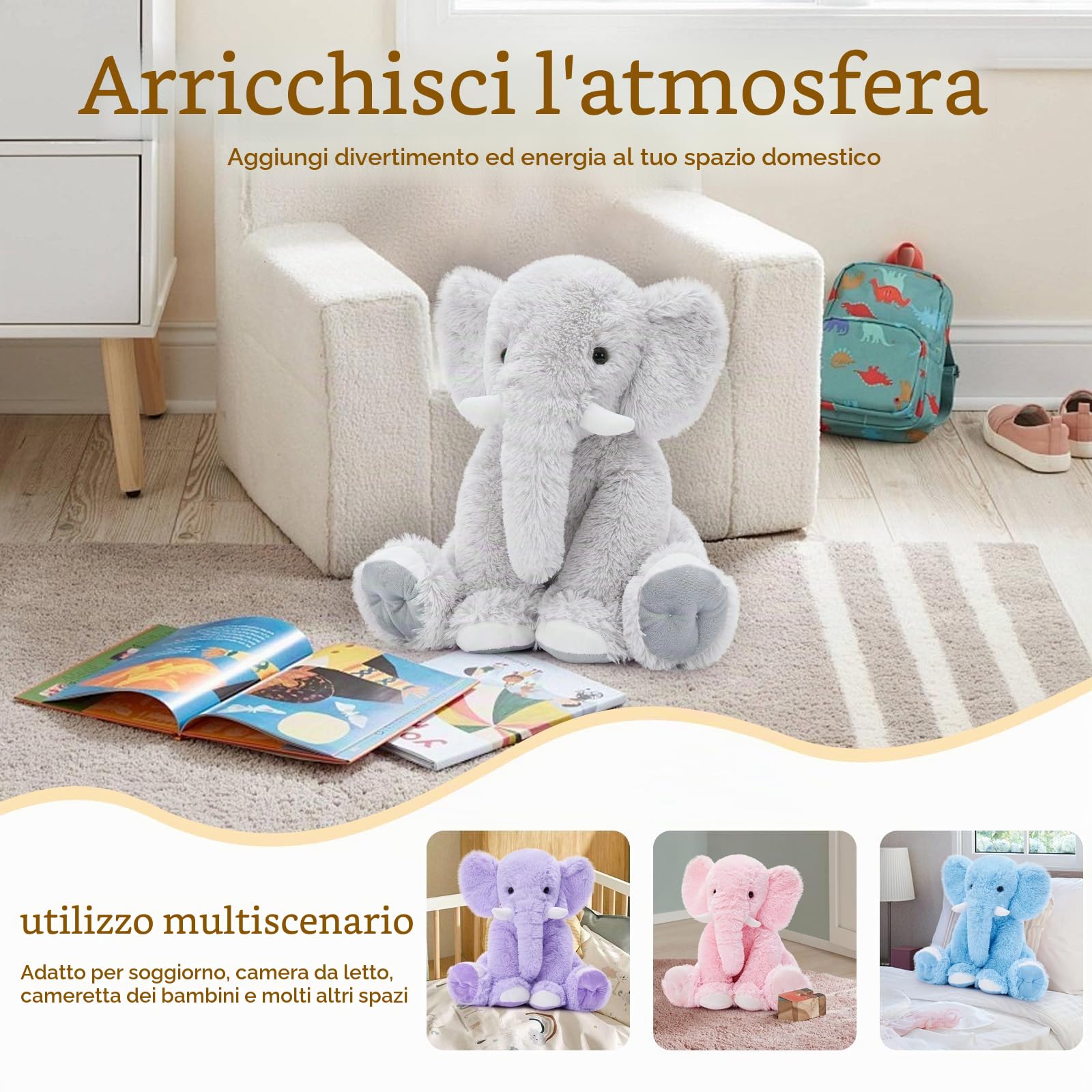 MorisMos Elefante Peluche Grigio Morbidi 50cm, Animali di Peluche Giocattolo Coccolosi Morbido per Bambini, Elefante Peluche Pupazzo Carino Regali per Ragazze Ragazzi Bambini (Grigio)