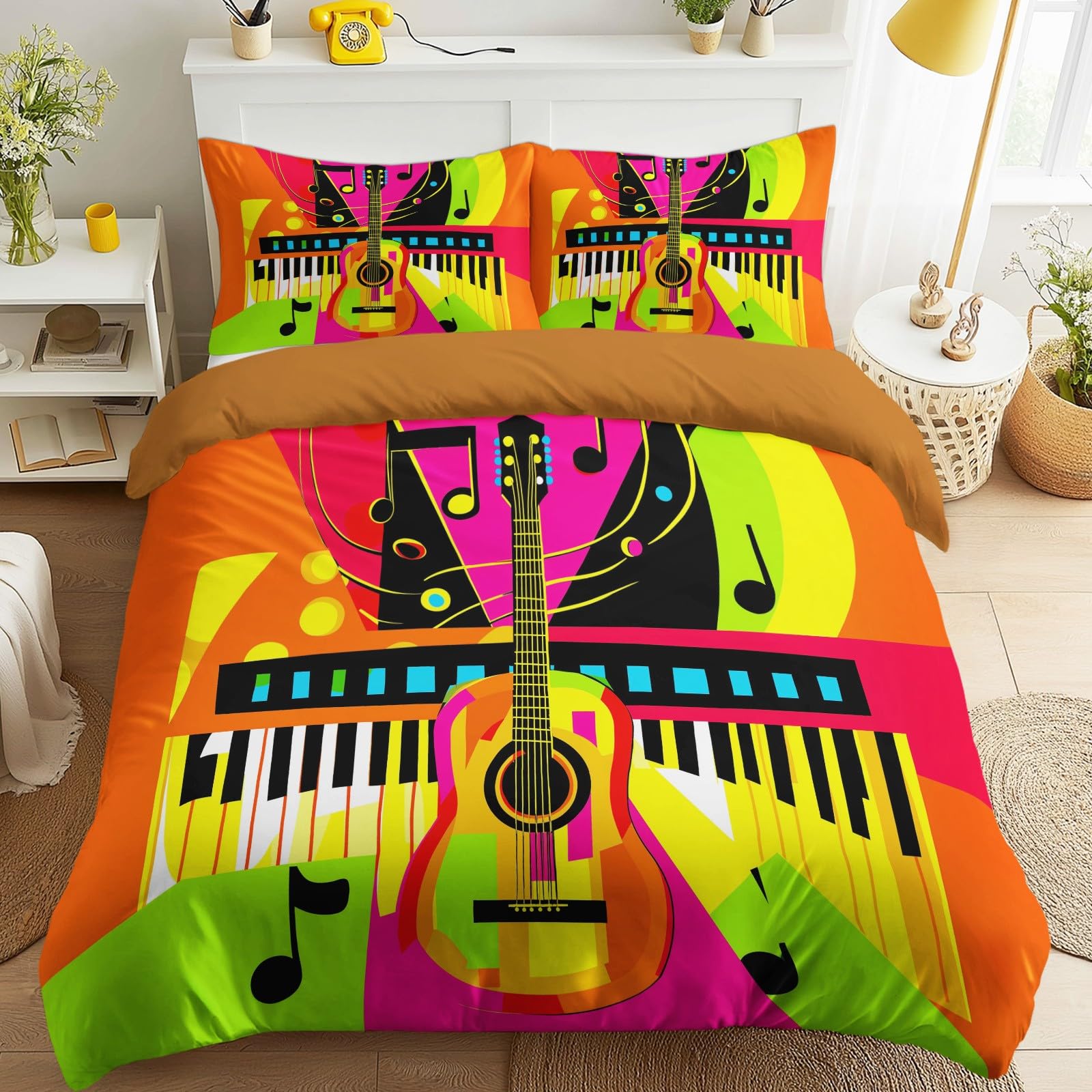 Rock Music Ropa de cama de 200 x 200 cm, 3 piezas, juego de funda nórdica – Pop Art guitarra piano partituras suave microfibra reversible ropa de cama con 2 fundas de almohada, naranja