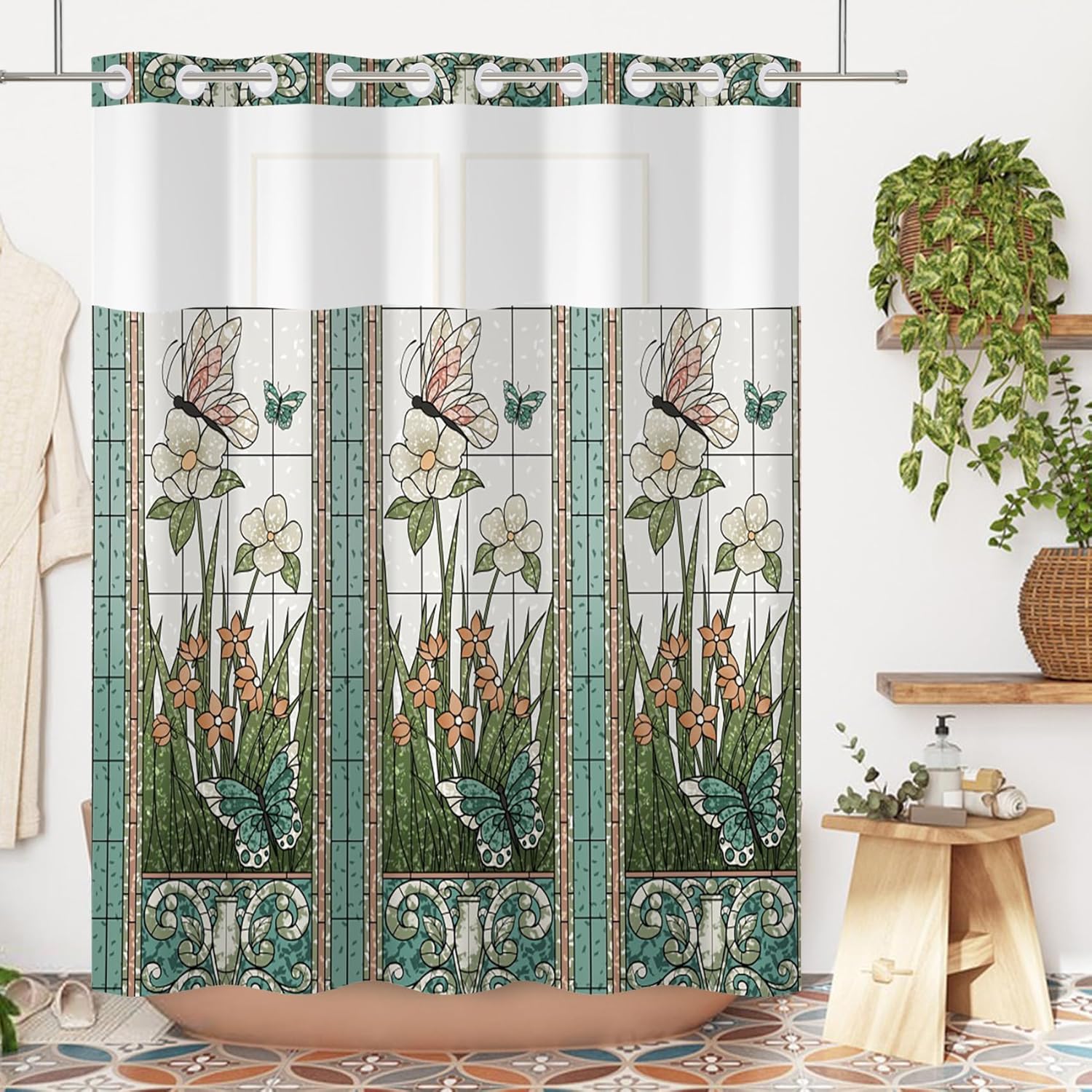No Hook Shower Curtain,Green Butterfly Garden Double-Layered Shower Curtain with Snap-in Liner and Weights,Fabric Bath Curtain with See Through Mesh, 71x74in