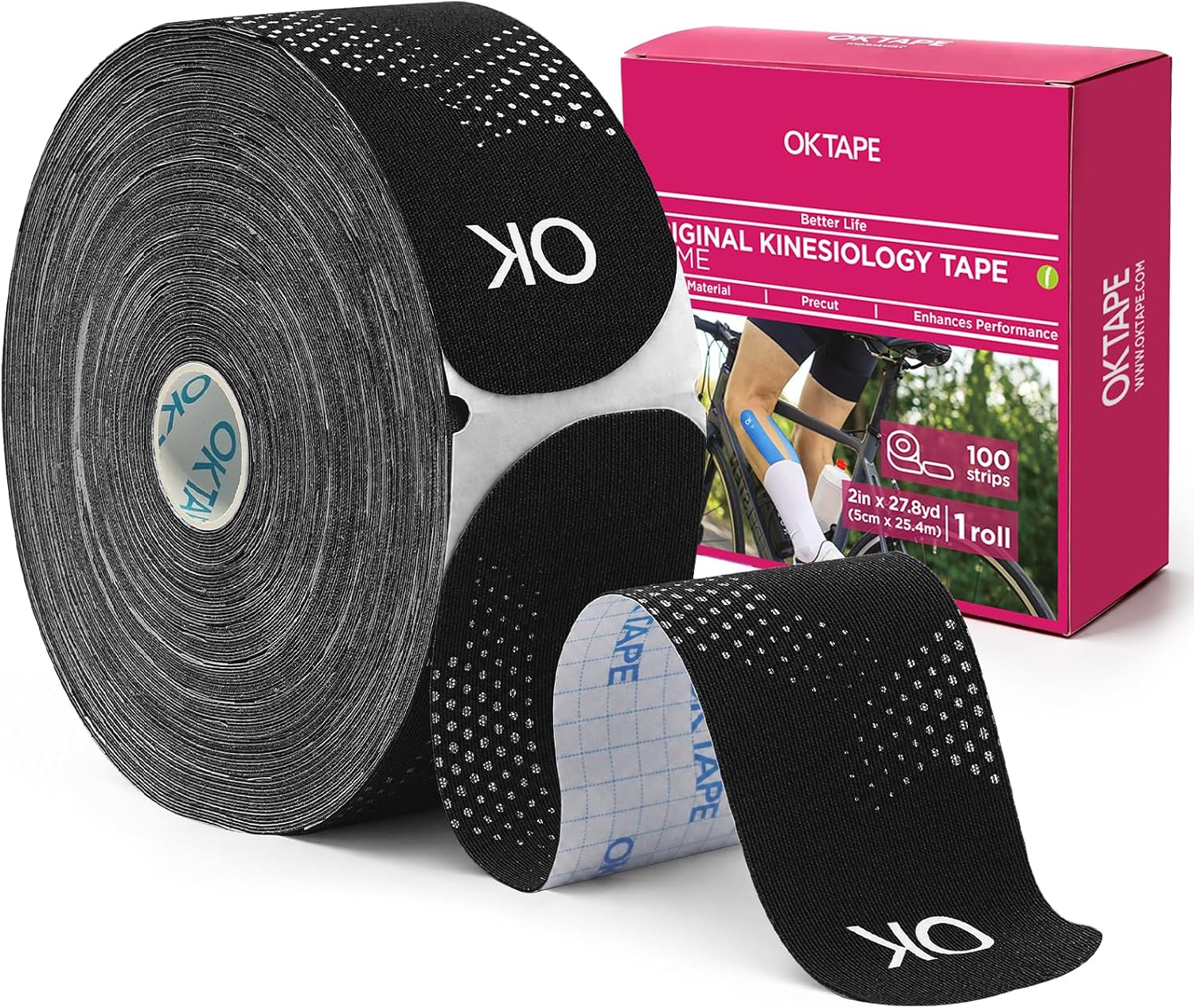 OK TAPE Synthetic Kinesiology Tape Bulk Roll, Precut Strips for Knee, Wrist, Waterproof Elastic Athletic Tape for Pain Relief & Muscle Support, Reflective Design (2" x 10", 100 Count) Black