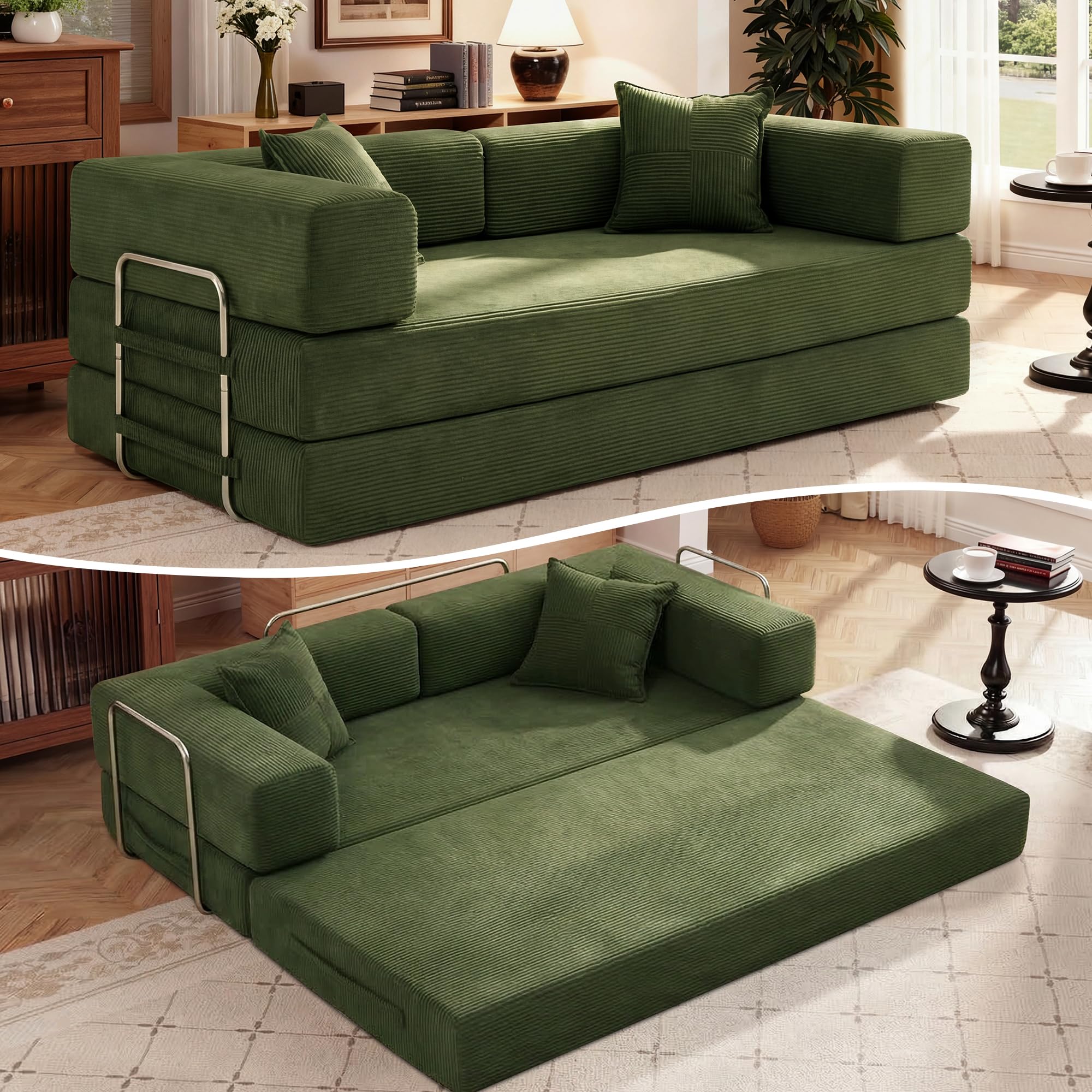 Vipbear Schlafsofa 200cm Breit,5-in-1 Faltbares Boneless Couch Grün | Bodensofa Bed Cordstoff 3er mit Schlaffunktion,Klappsofa Gästebett mit Armlehnen & Rückenkissen,Metallrahmen,ohne Montage
