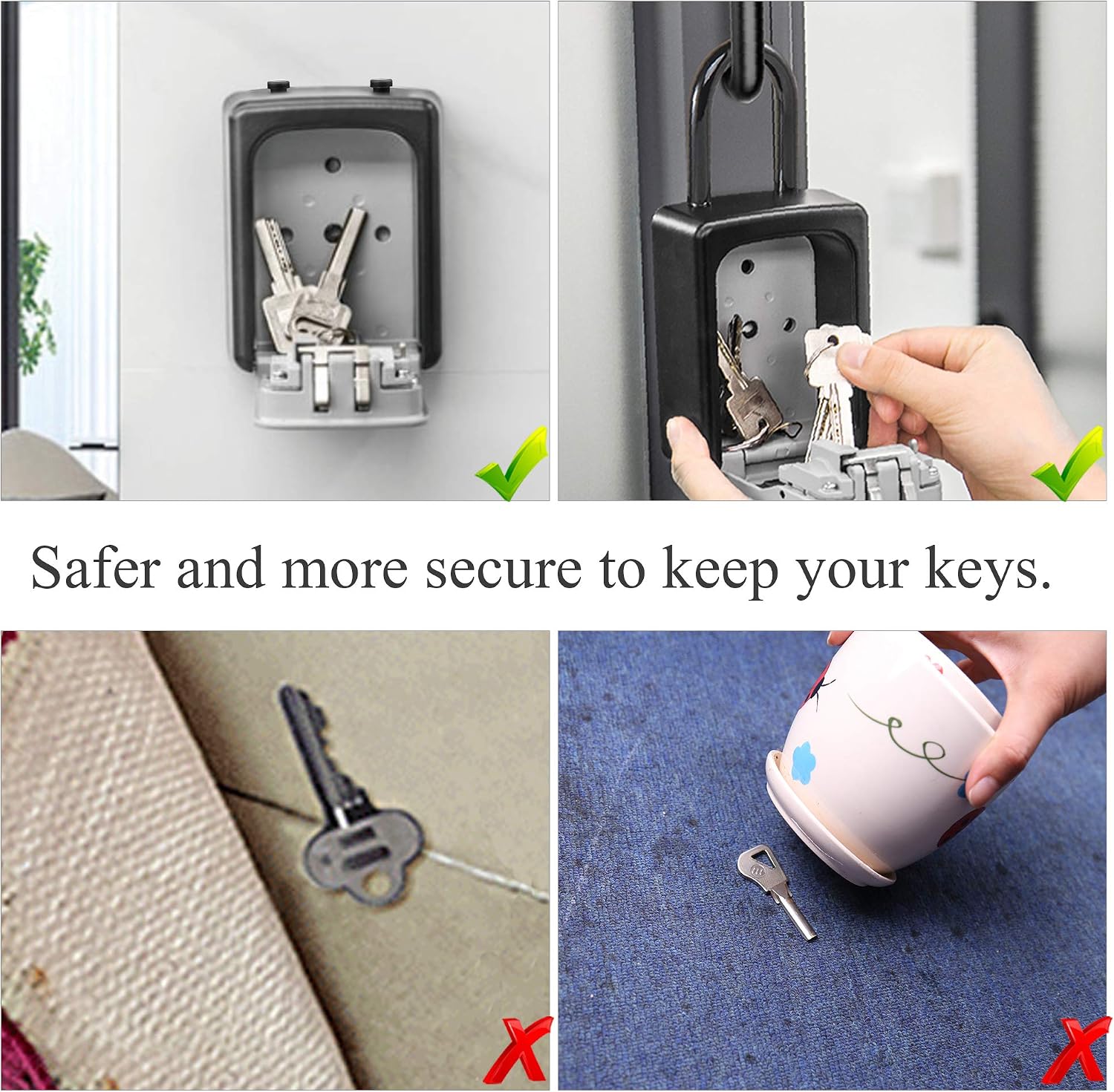 Key Storage Lock Box, Key Lock Box with Code - 4 Digit Combination Resettable Key Lock Box for Door Knob and Outside Wall Mount
