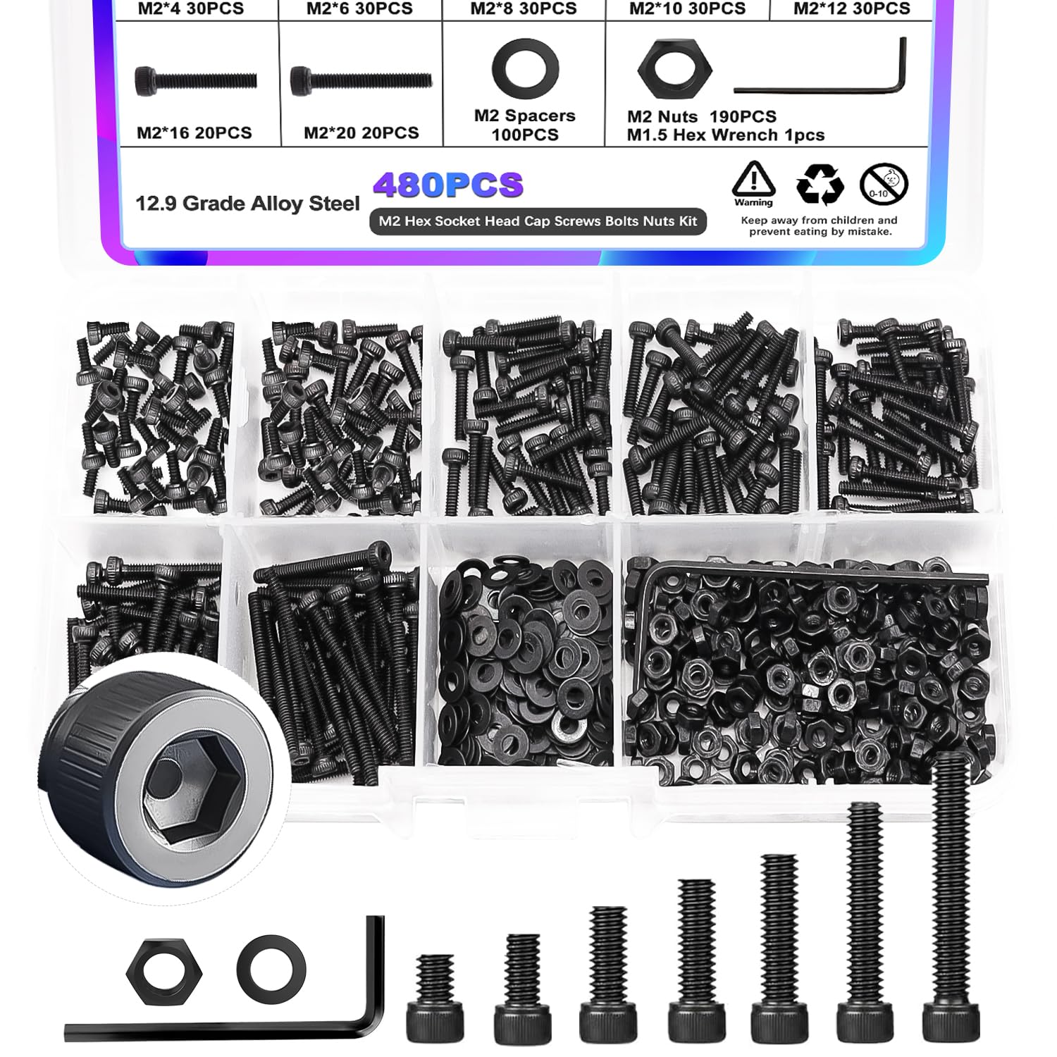 365PCS M3 Screw Kit,M3 Screws Suitable for 3D Printer,12.9 Grade Alloy Steel 6/8/10/12/16/20mm Hex Socket Head Cap Screws Bolts Nuts Kit