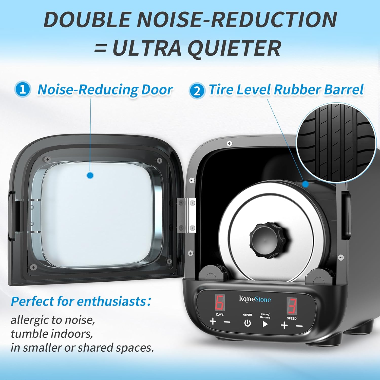 KomeStone K2 Elite rock tumbler with open door showing noise-reducing door and tire-level rubber barrel