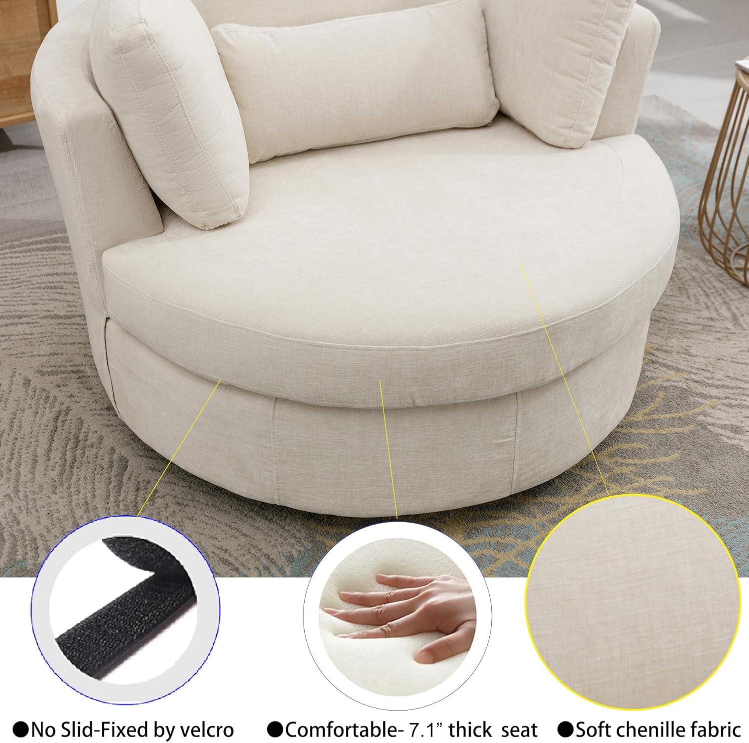 Oversized Swivel Accent Barrel Chair with Storage Ottoman+Pillows, Comfy Chaise Lounge Big Round Cuddler Reading Chair for Living Room Bedroom(Chenille Beige with Ottoman)
