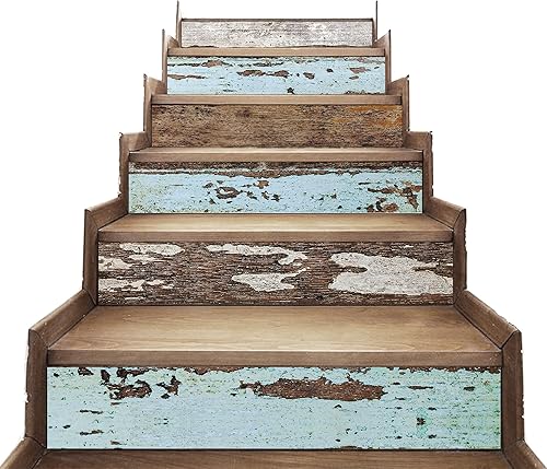 AMAZING WALL Inicio Rústico Azul Patchwork Escaleras Impresas Madera Autoadhesivo Decoración Decoración Pared Pegatina Set 6pcs