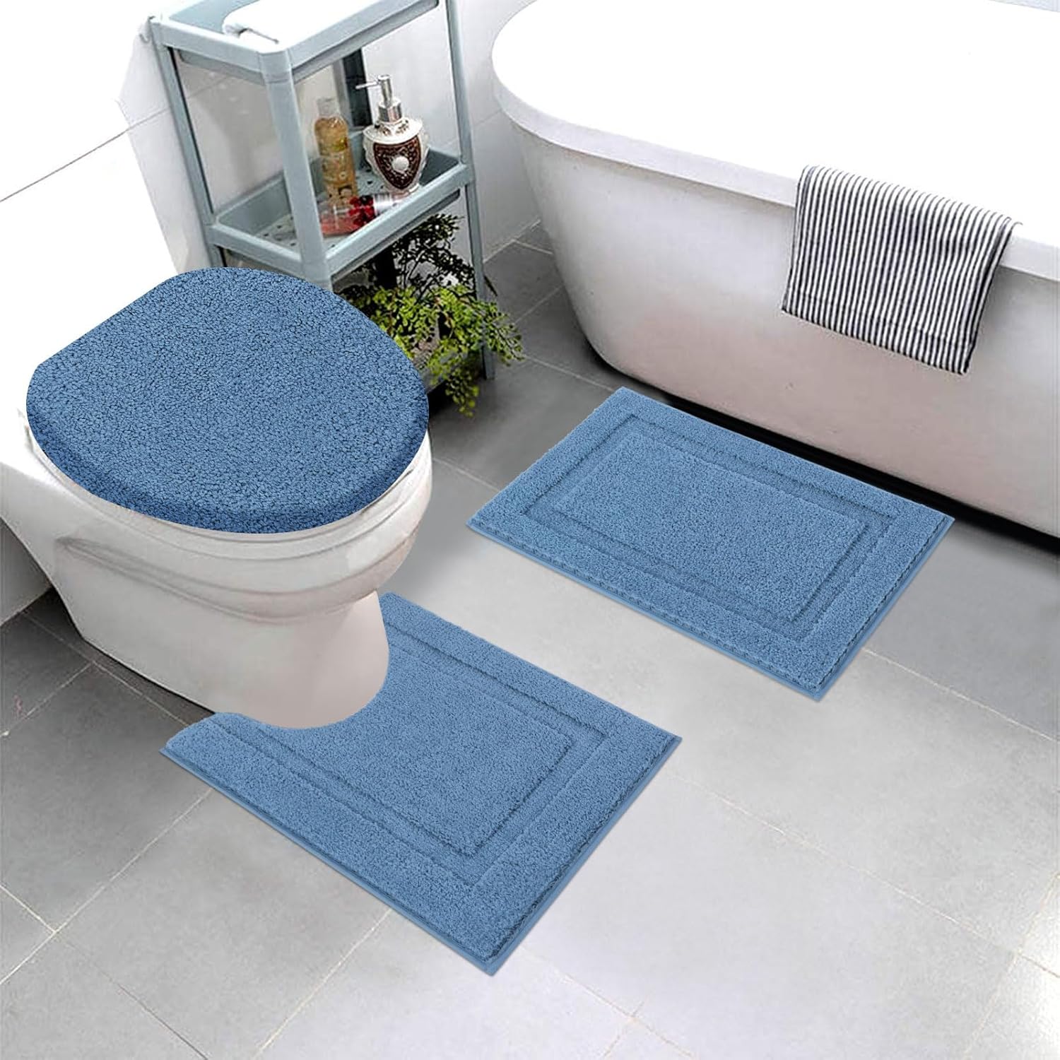SHACOS Microfiber Small Bathroom Rugs Set of 3 Piece with Toilet Lid Cover, Non Slip Super Soft Absorbent 16"x24" Bath Mat U Shape Contour Mat Bathroom Carpet Machine Washable(Blue) - Image 9