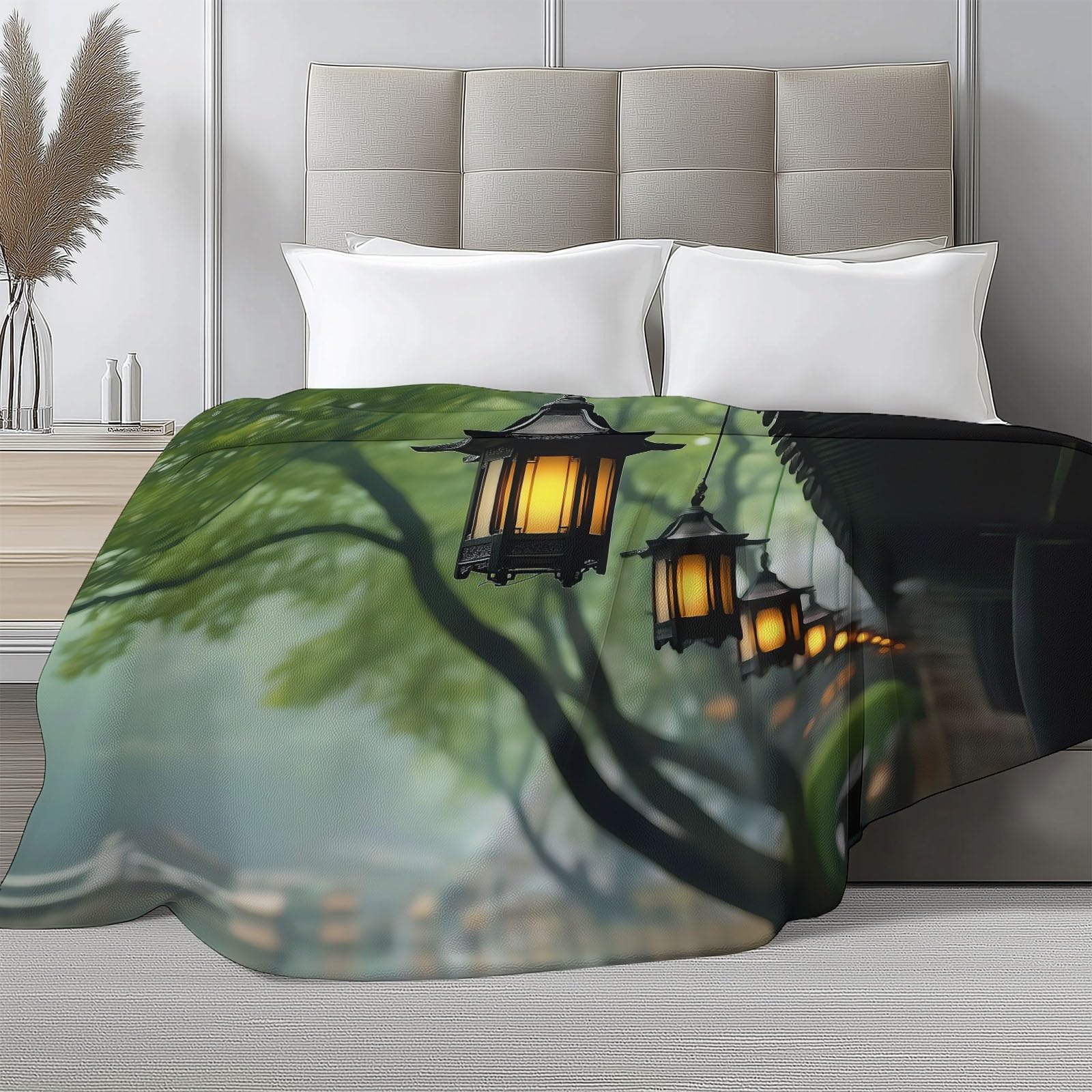Łupek zielony koc narzuta, chińska architektura, okap, scena uliczna, całoroczny, flanelowy koc, 220 x 240 cm, łupkowa zieleń, miękki, lekki, przytulny, puszysty, pluszowy koc, prezent dla dorosłych