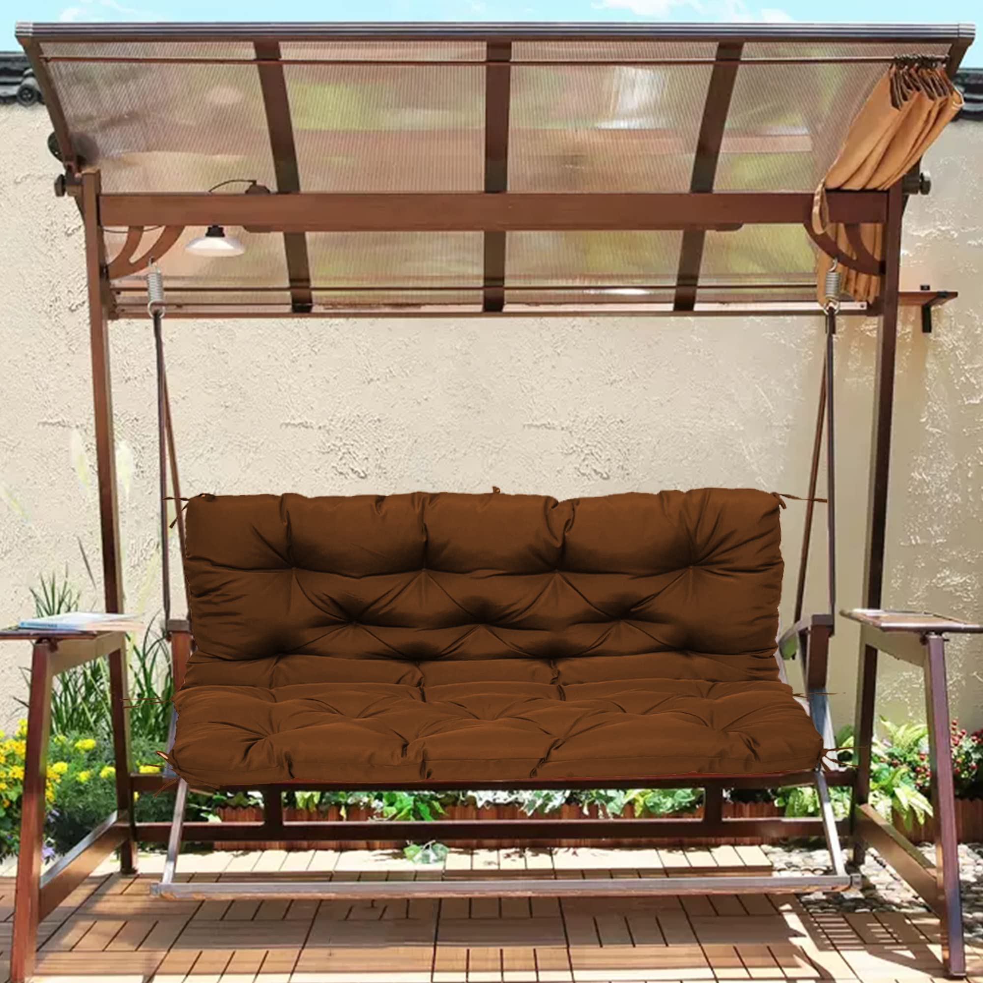 Coussin balancelle imperméable avec dossier, 10 cm d'épaisseur, tapis pour banc 2 ou 3 places, marron, 150 x 100 x 10 cm