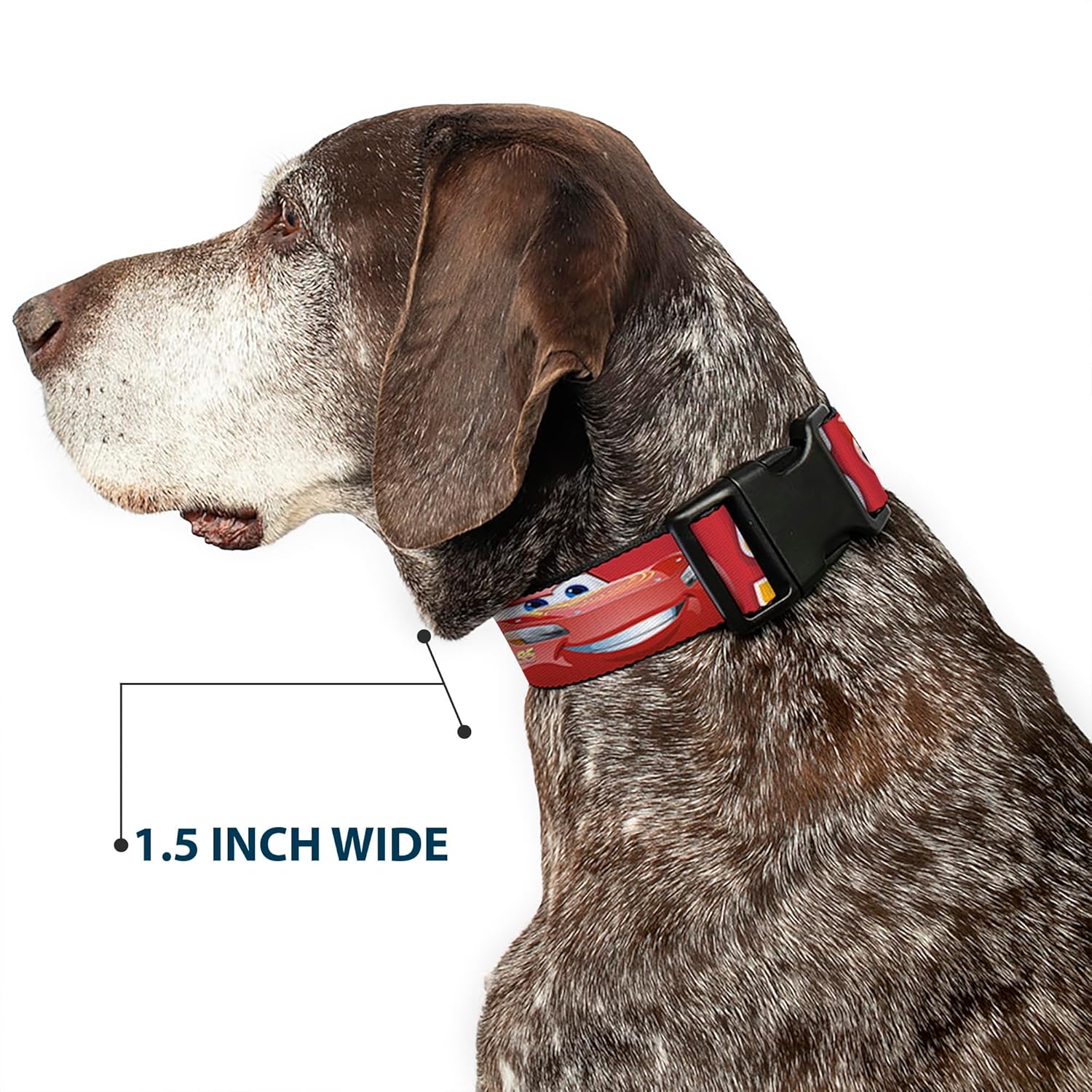 Disney Pet Collar, Dog Collar Plastic Buckle, Cars Lightning McQueen Smiling Pose 95 Reds White Orange, 20 to 31 Inches 1.5 Inch Wide