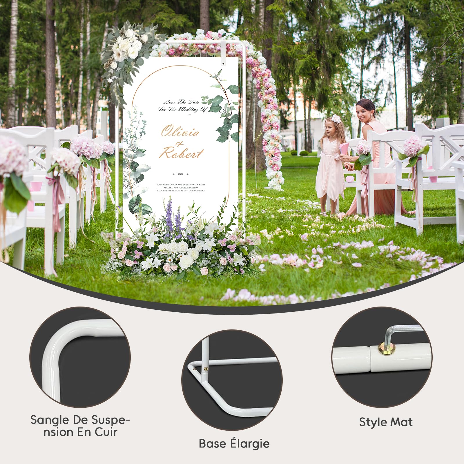 Support de panneau de mariage, 173x80x50cm, Support d'affiche de mariage réglable avec 4 sangles en cuir, adapté au plan de table, à la réception, aux affiches et à la décoration (Blanc)