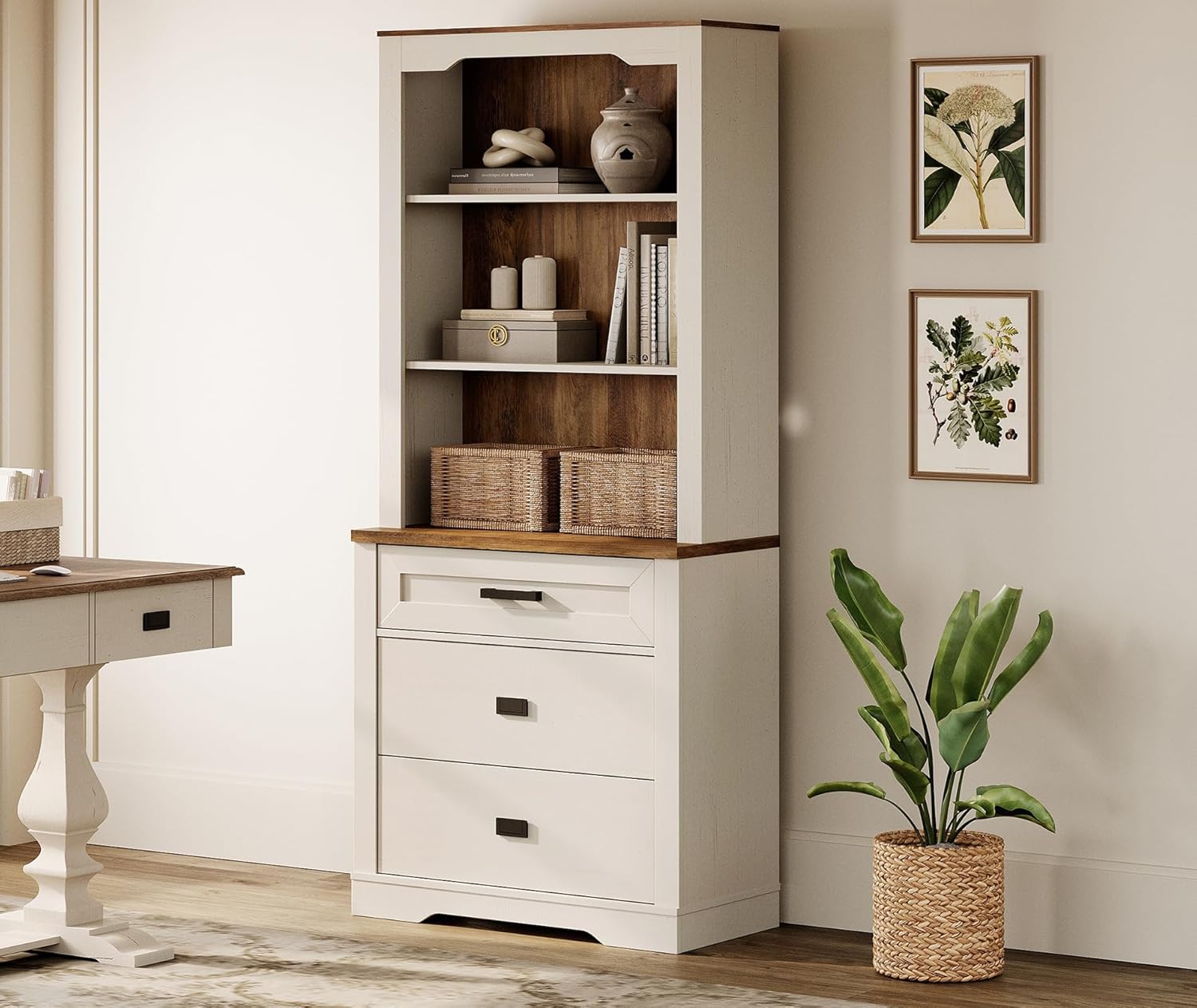 WAMPAT 73.3" Tall Bookcase with Chest of Drawers, 31.5 inch Wide Standing Rustic Bookshelves, Modern Farmhouse Display Storage Cabinet with Adjustable Shelves,Antique White
