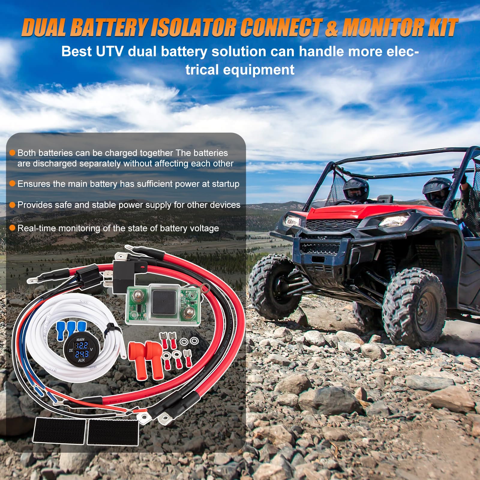 Drieaco 12V UTV Dual Battery Isolator Connect & Monitor Kit with LED Digital Double Voltmeter Fit for Honda Pioneer 1000/700/500, Replace #UTV-SBI-CM, Dual Battery Isolator Kit - 2