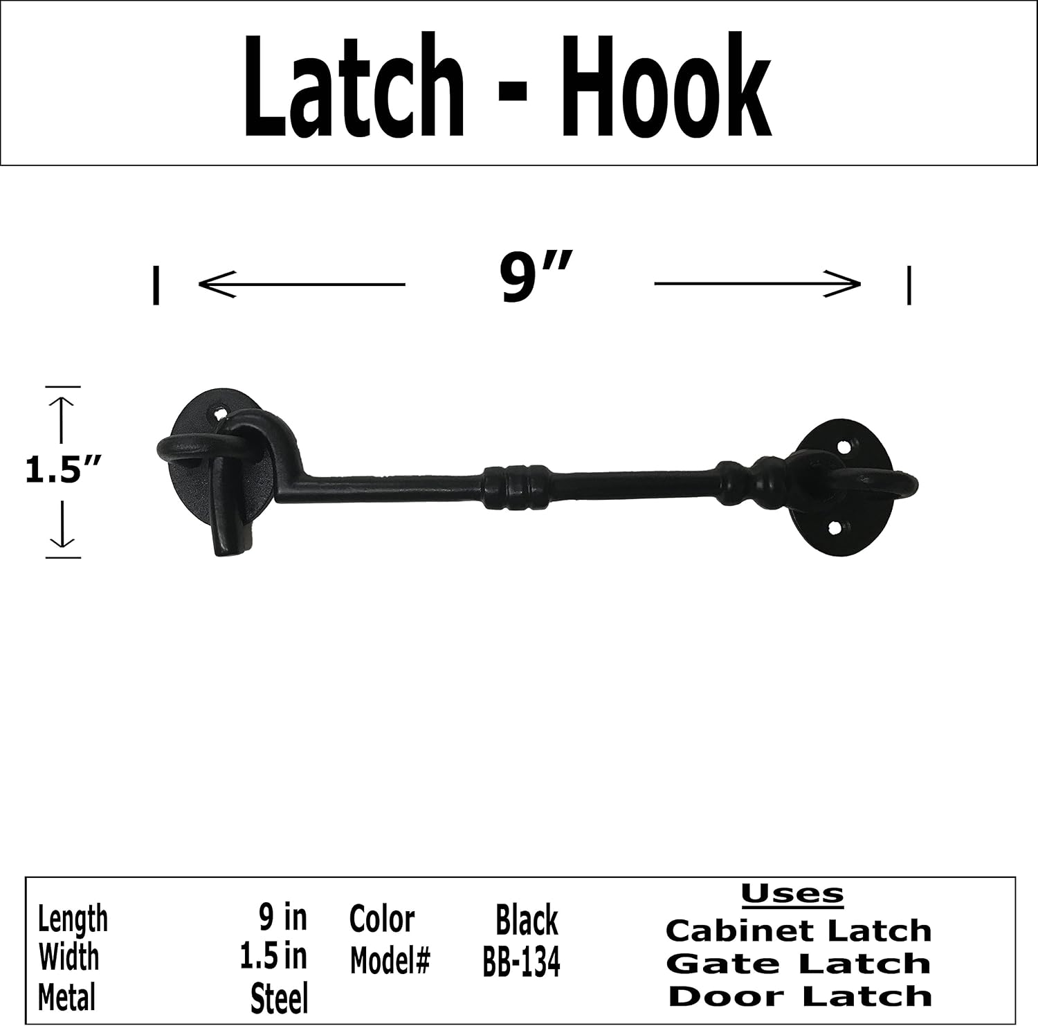 (1) 9" Cabinet Hook - DS-134 - Antique Style Hook Eye Door Latch, Vintage Black cast Iron Finish