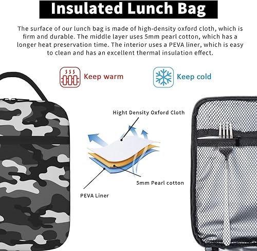 Miniatura 3 de Lonchera de camuflaje de camuflaje blanco y negro para adolescentes, niñas, niños, hombres y mujeres, bolsa de almuerzo portátil, lonchera aislada