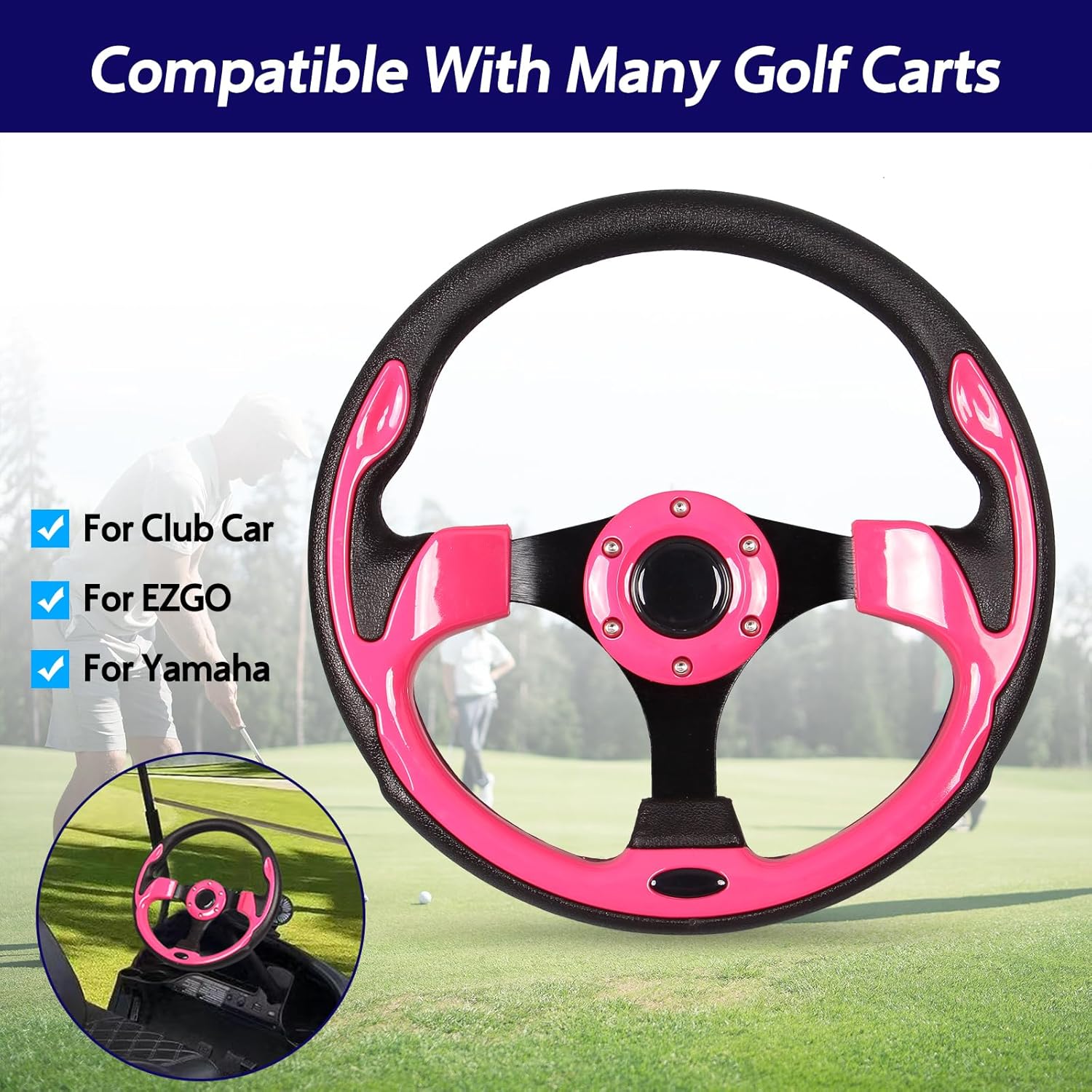 12.5 inch Pink Golf Cart Steering Wheel with Black Aluminum Frame for Club Car DS and Precedent EZGO RXV & TXT, Yamaha Most Golf Carts…