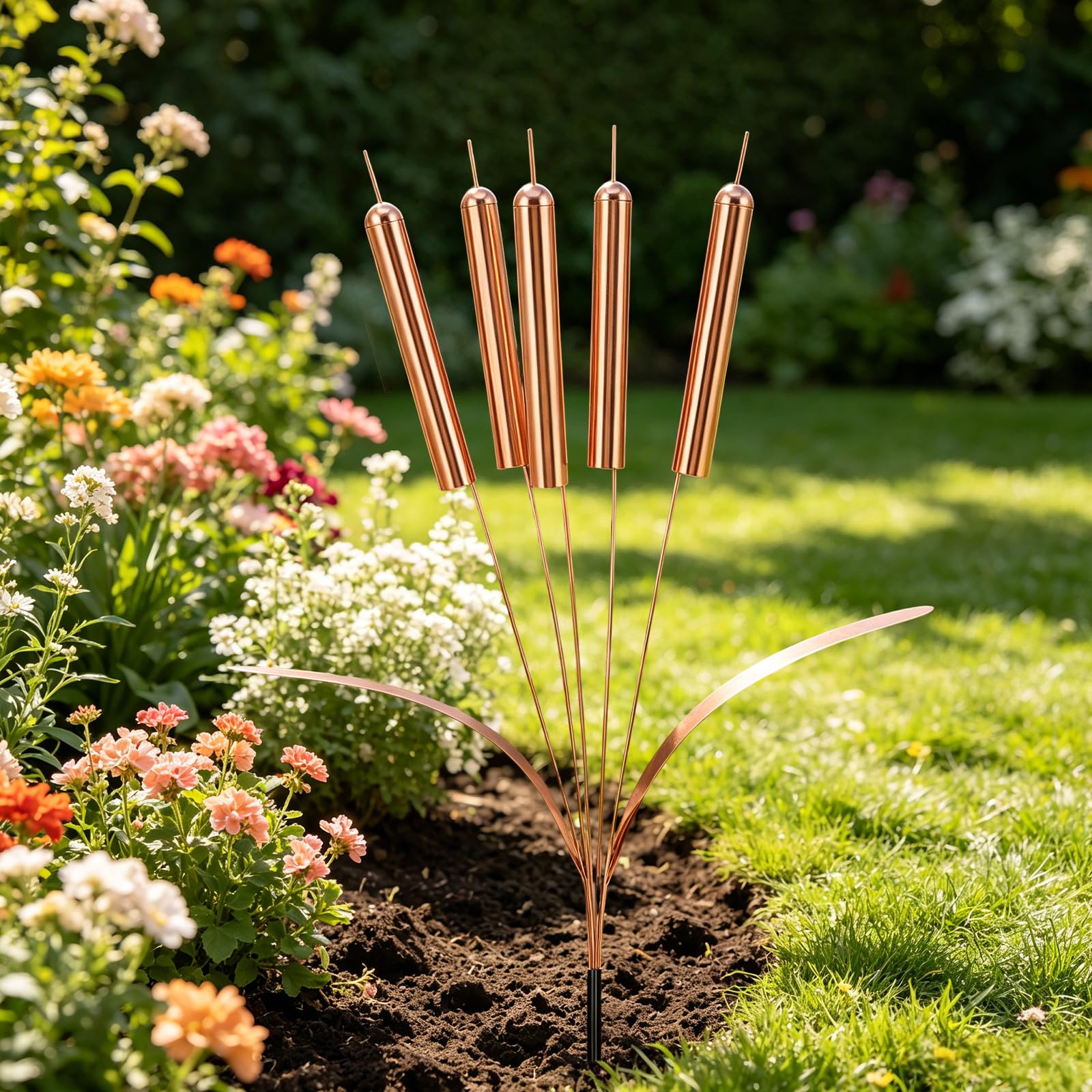 Cattail Wind Chimes Copper, Metal Cattail Sculpture Wind Chimes Garden Stakes, Yard Art Decor, Outdoor Winds Bell Stake, Rustic Plant Sculpture Decor for Lawns, Patios & Garden