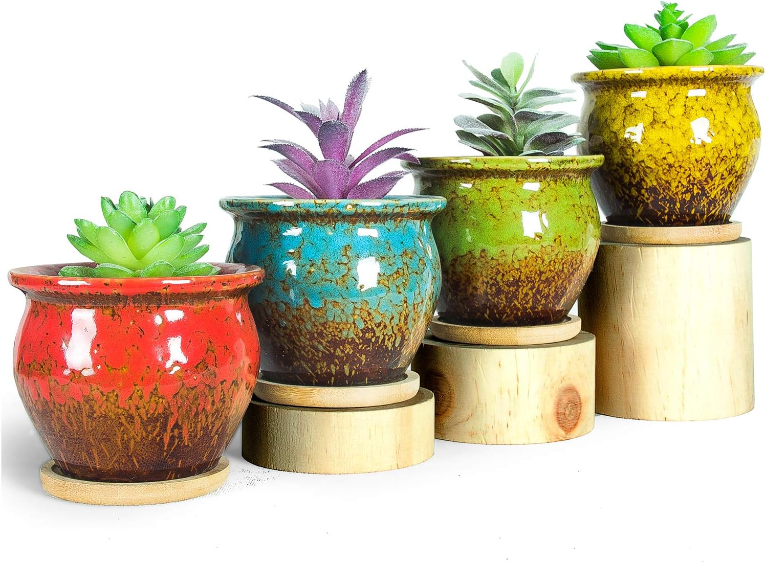 ARTKETTY Succulent Pots - 4 Pack Small Plant Pots with Drainage Tray, 4.5 Inch Ceramic Pots for Indoor Succulent Plants Colorful Cactus Flower Planters Birthday Gifts for Women