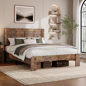 Full Size Farmhouse Wood Bed Frame with Panel Headboard, Brown | Geometric Panel Headboard with Shelf, Rustic Platform Bed, Metal Slat Support, No Box Spring Needed, Easy Assembly