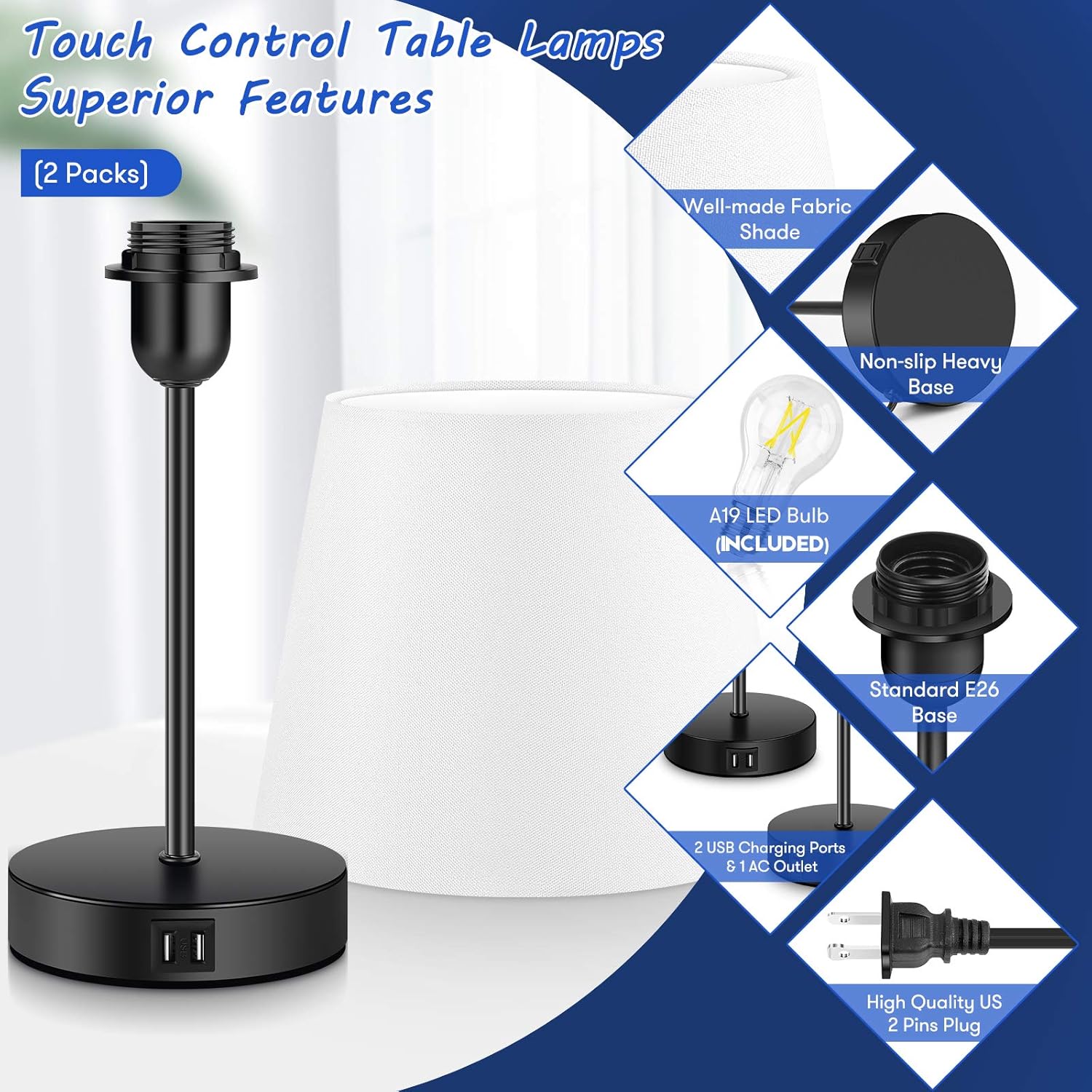 Bеѕt Prоmо Set of 2 3-Way Dimmable Touch Control Table Lamp with 2 USB Ports &1 AC Outlet, Modern Nightstand Lamps with White Fabric Shade for Reading Bedroom Living Room Office Hotel, 2 A19 LED Bulbs Included Blасk Frіdау 🔥 Set of 2 3-Way Dimmable Touch Control Table Lamp with 2 USB Ports &1 AC Outlet, Modern Nightstand Lamps with White Fabric Shade for Reading Bedroom Living Room Office Hotel, 2 A19 LED Bulbs Included