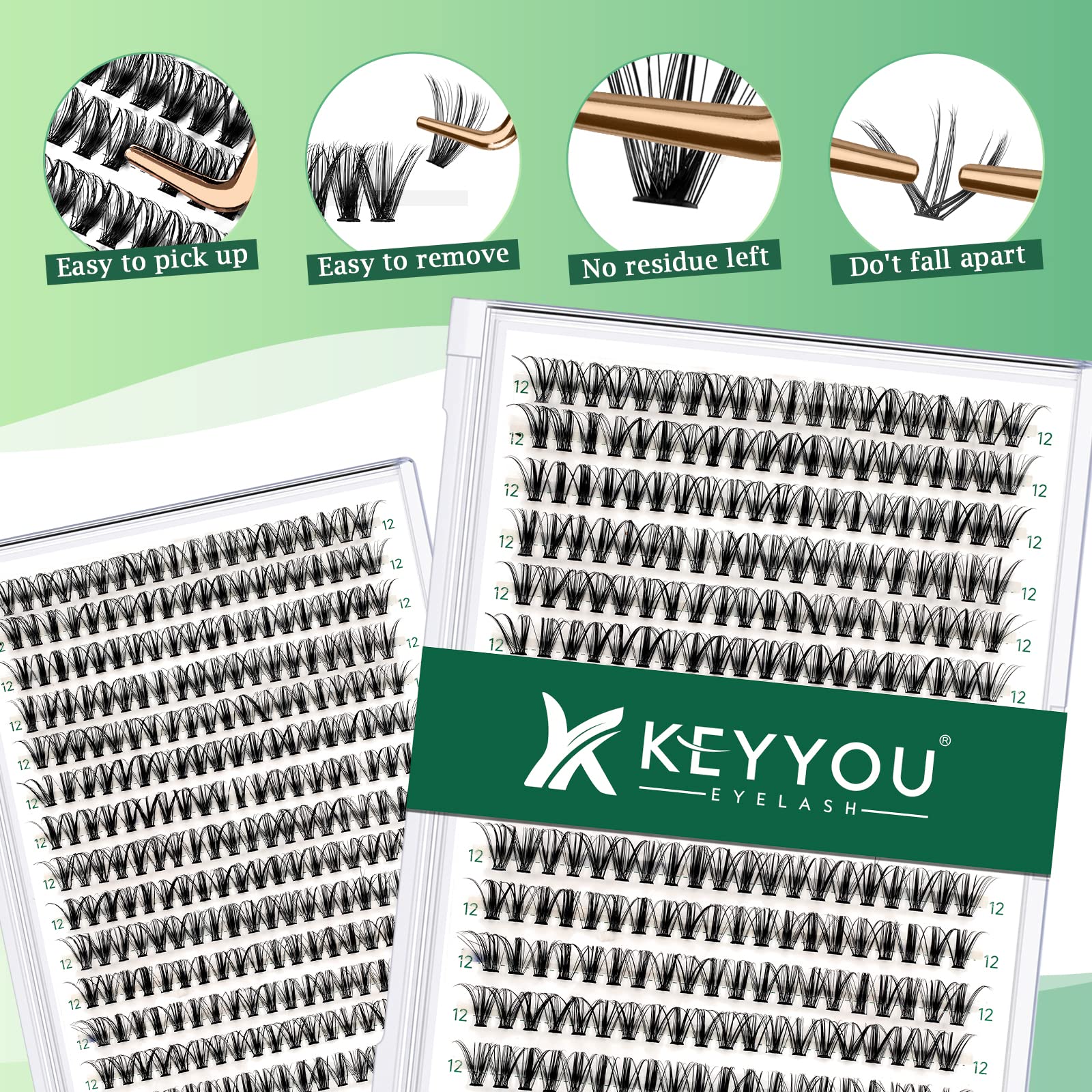 KEYYOU Wimpern Extensions 300pcs Cluster Lashes 30D D Curl 12mm Einzelne Wimpern Volume Natürlich Sanft Wimpernverlängerung（30D-D-12）