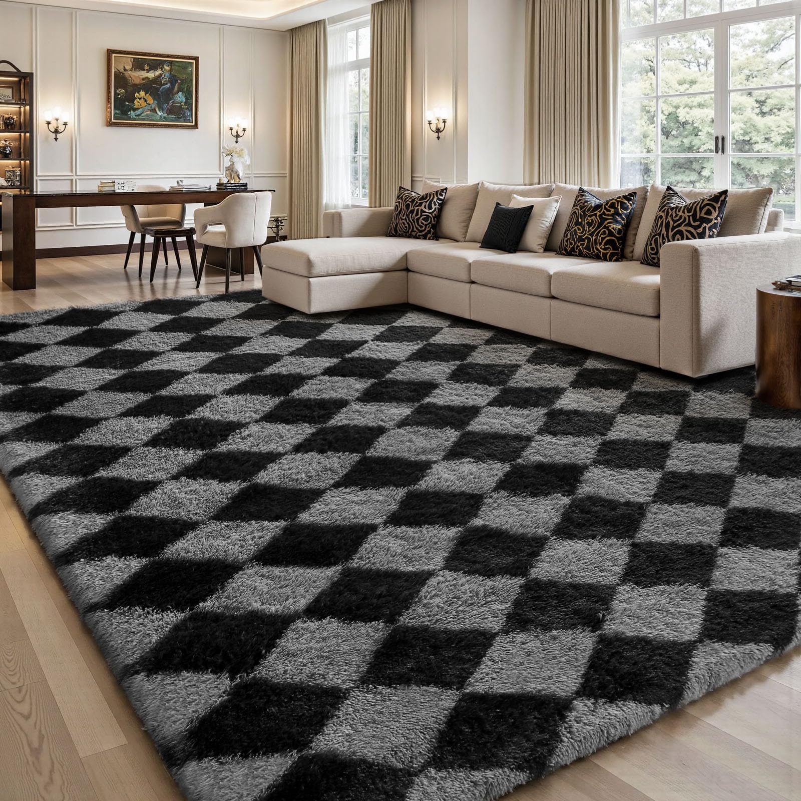 Sour Lemon Kariert Hochflor Teppich, Teppiche Wohnzimmer, Anti-Rutsch Waschbar Extra Große Teppich Flauschig, Langflor Teppiche Schlafzimmer Kinderzimmer, Farbe: Schwarz und Grau, Größe: 160x230 cm
