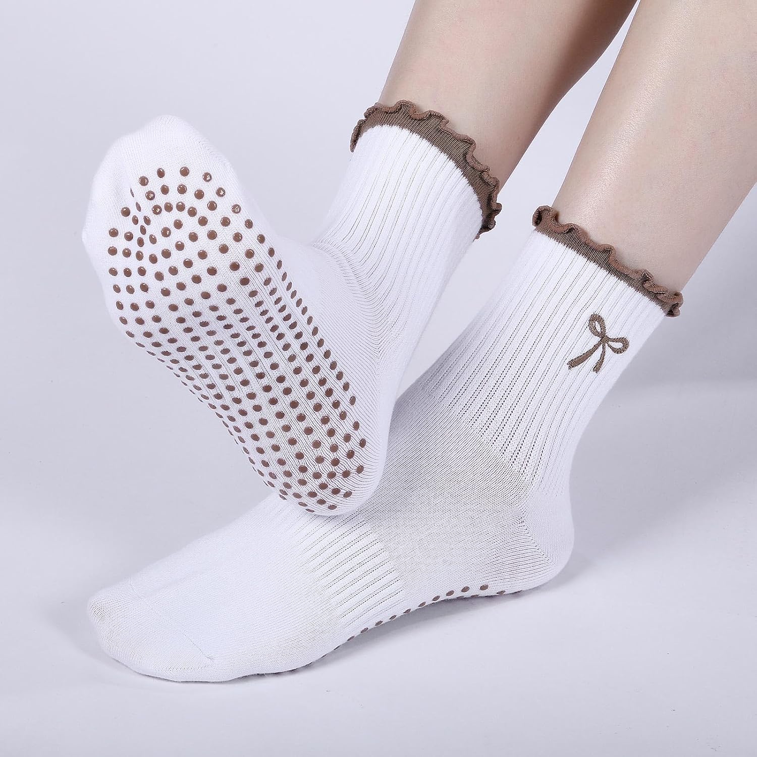 Jeyiour 3 Pairs Cute Grip Pilates Socks Non Slip Women Valentines Pilates Yoga Gift Socks Ruffle Bow Sock - Image 6