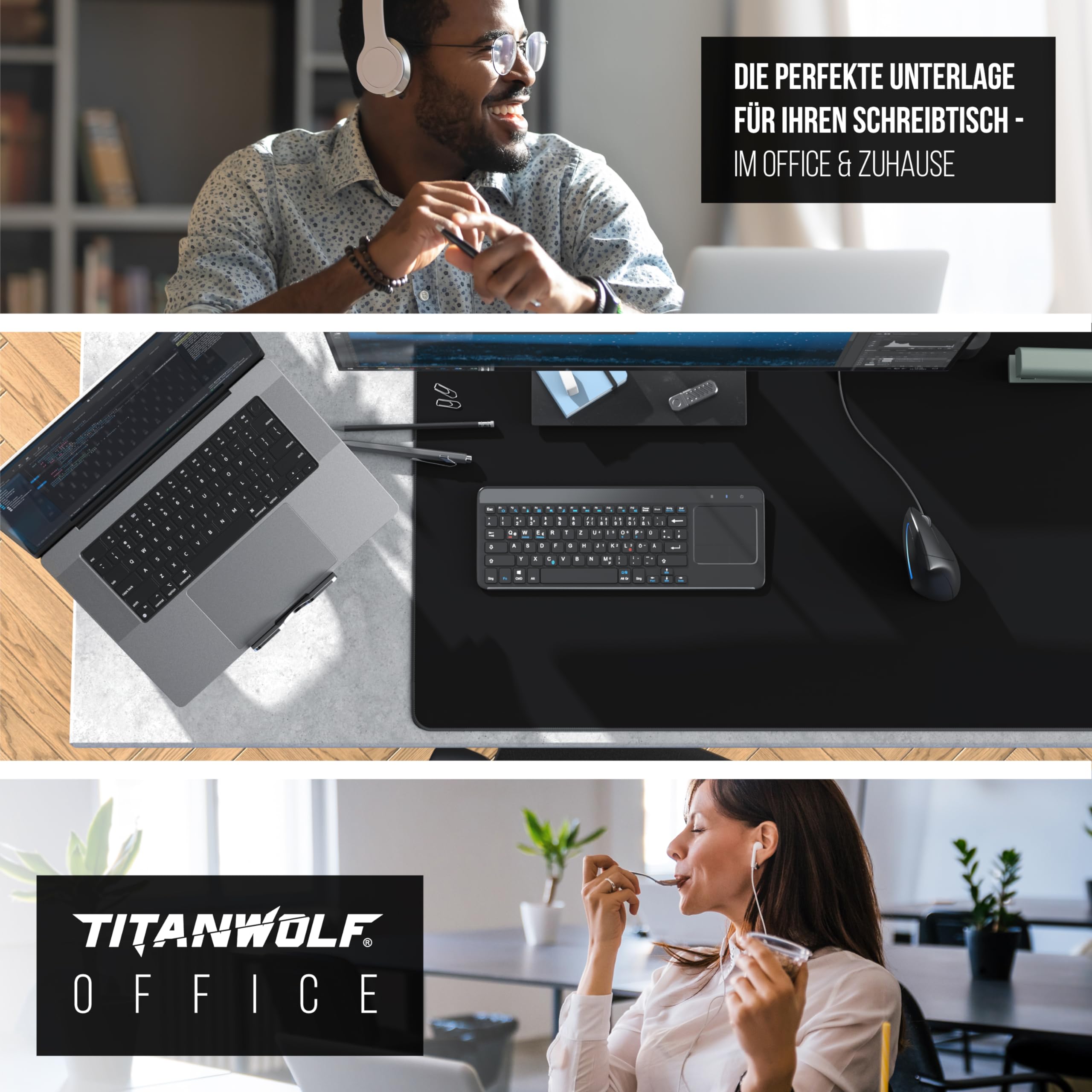Titanwolf Übergröße Mauspad 1200x600mm, XXXL Mousepad Home und Office Schreibtischunterlage Groß, Tastatur und Maus Unterlage Schreibtisch 120x60 cm - Schwarz