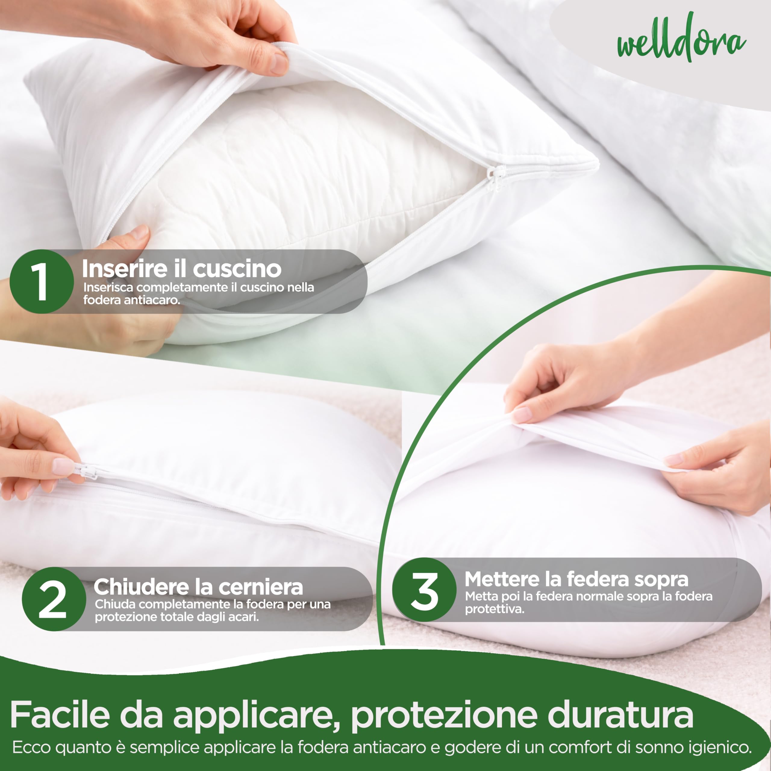 Welldora Set di 2 Copricuscino Antiacaro Anallergico 50 x 70 cm, Federe Antiacaro Antiallergiche Testate, Fodera contro Acari e Cimici dei Letti, Biancheria da Letto