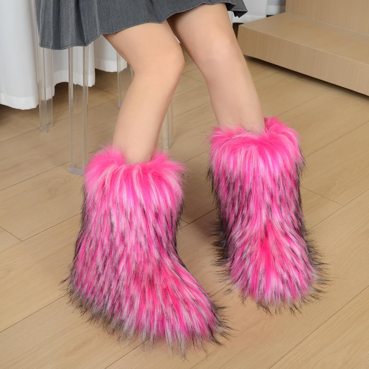 Women'S Faux Fur Boots Winter Furry Fluffy Short Snow Boots