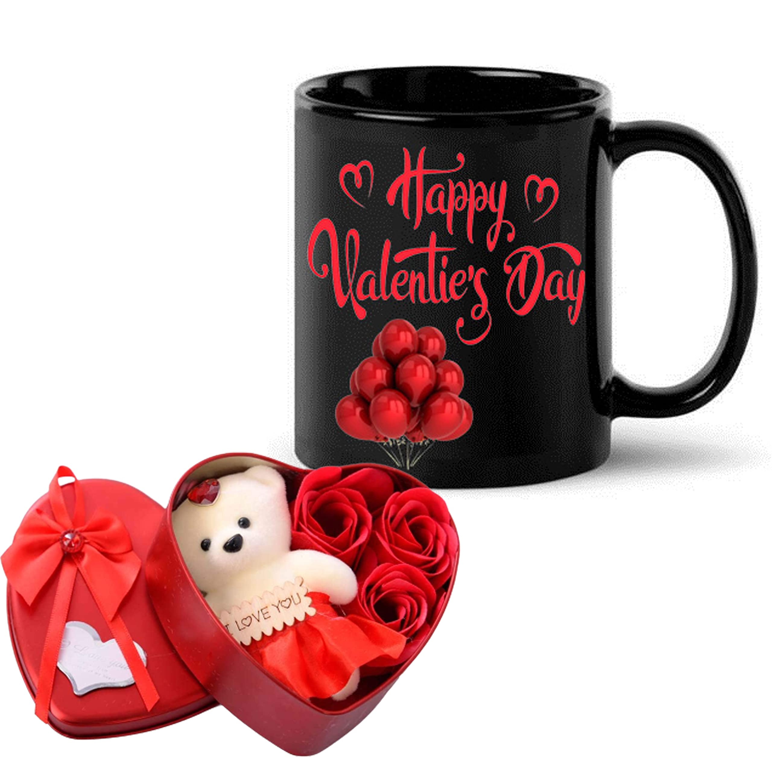 SONKHIYA CREATIONS Valentin's Day Printed Black Coffee Mug & Artificial Red Rose with Teddy Bear in Heart Shape Metal Gift Box, Valentines Day Gift for Wife, Husband, Girlfriend, Boyfriend