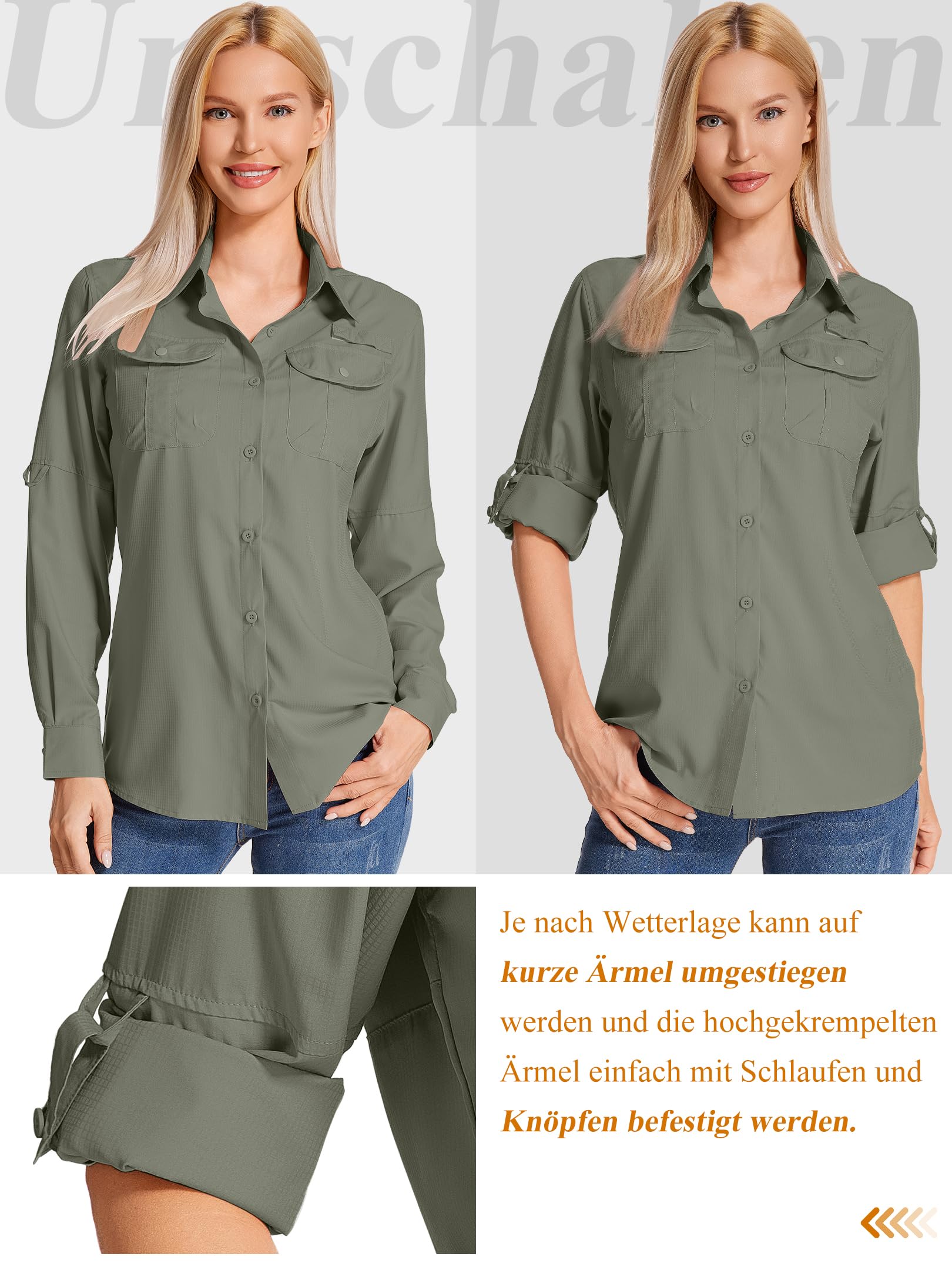 Camicia da Safari a Maniche Lunghe da Donna - Tessuto Traspirante ad Asciugatura Rapida - Protezione Solare UPF - Ideale per Pesca, Escursionismo, Trekking, Campeggio e Viaggi