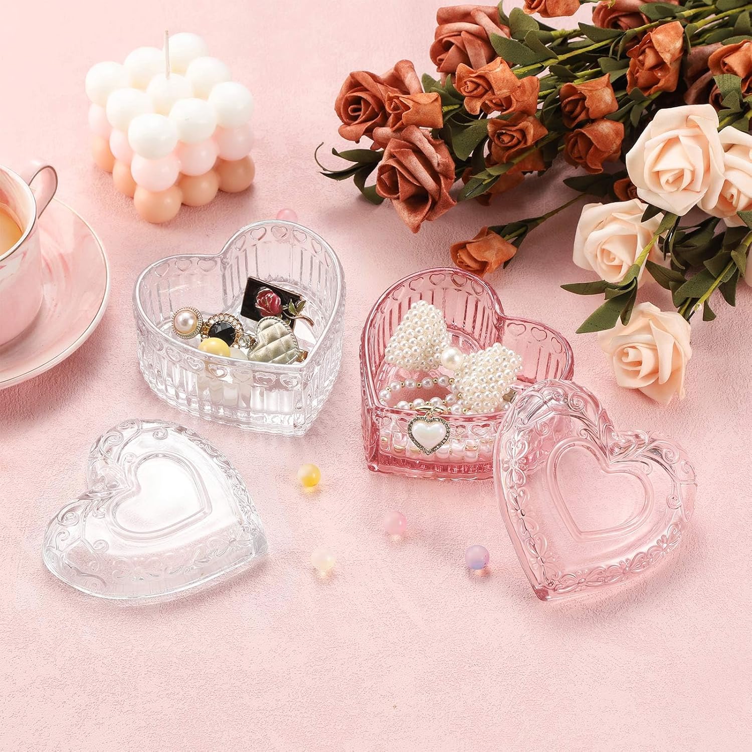 WHJY Glass Jewelry Box for Girls Heart Shaped Container with Lids Small Decorative Trinket Organizer for Vanity Room Decor Crystal Clear Storage Jar for Rings Earrings Necklaces - Image 3