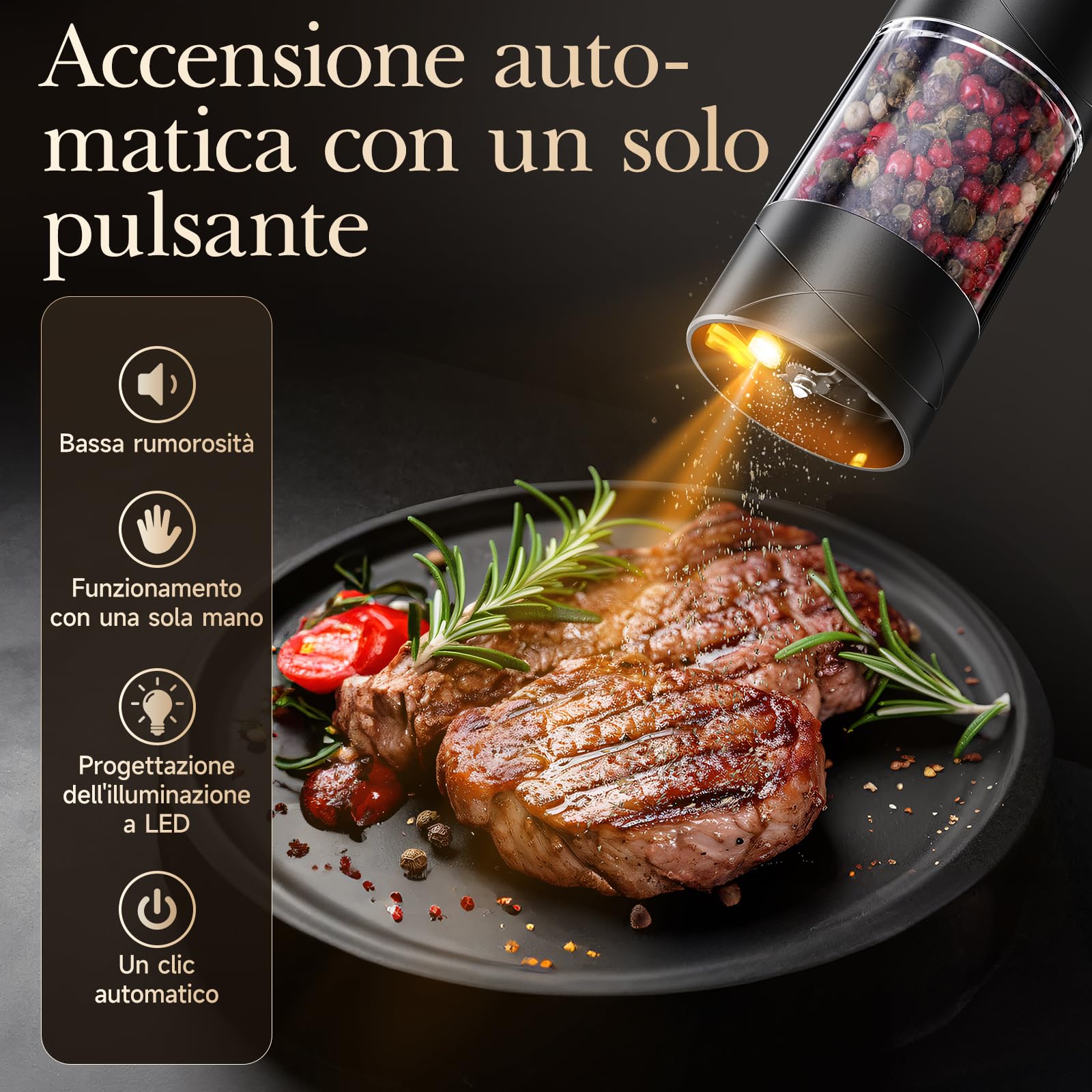 Variglas Macinasale e pepe elettrico, set da 2 pezzi, con USB, ricaricabile tramite USB, grande capacità, migliorata capacità elettrica, grossolana regolabile, luce LED (01B)