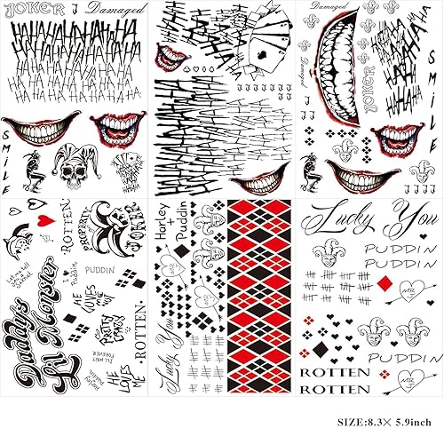 Miniatura 10 de 12 hojas de tatuajes de Joker para escuadrón suicida, tatuajes de Harley Quinn perfectos para Halloween, disfraces, fiesta, accesorios de Harley