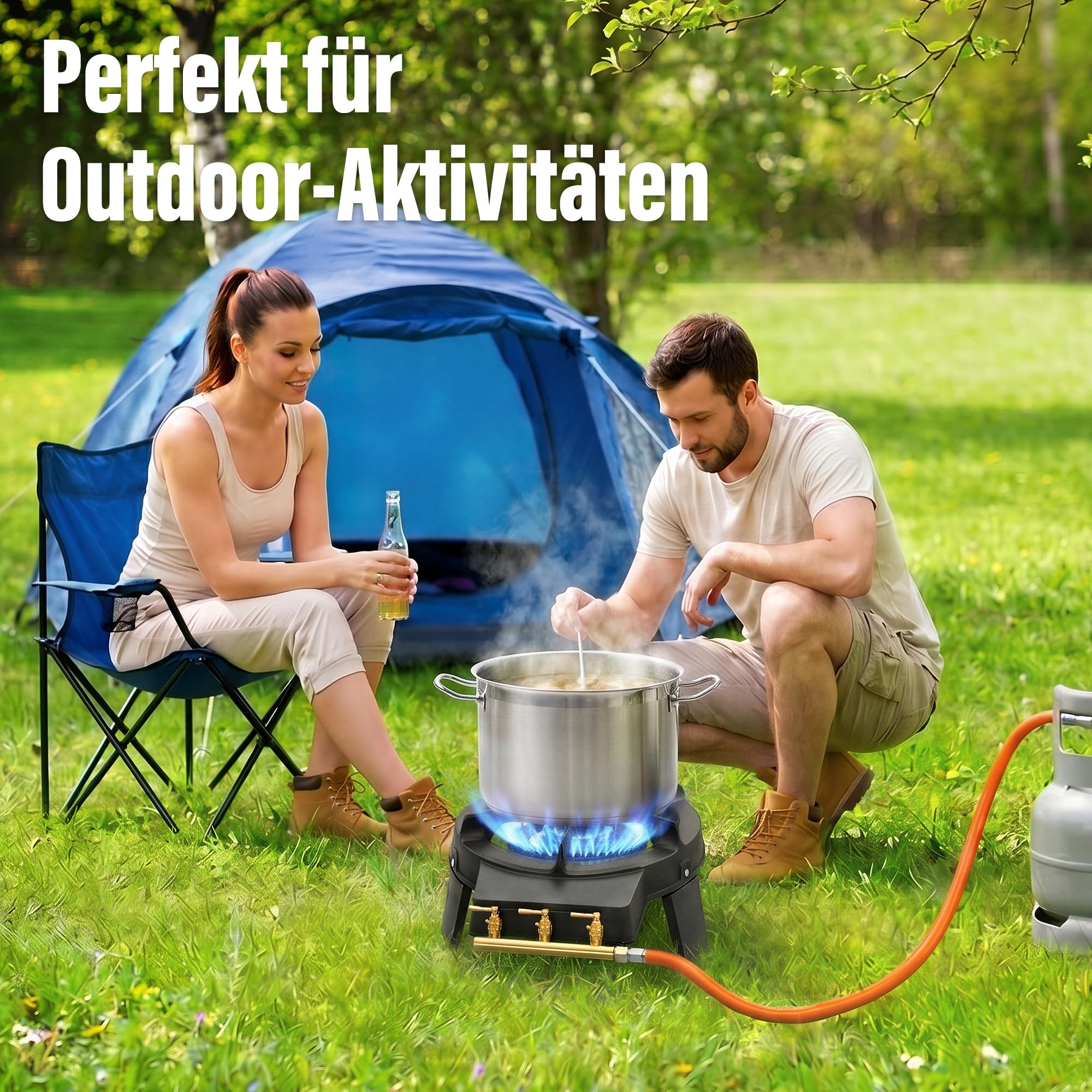 Veralune 9 kW Wokbrenner – Gusseisen Gaskocher mit 3 Füßen, 3 Wasserhähnen & Schlauch mit Druckminderer, leistungsstark für Outdoor, Garten, Camping & BBQ