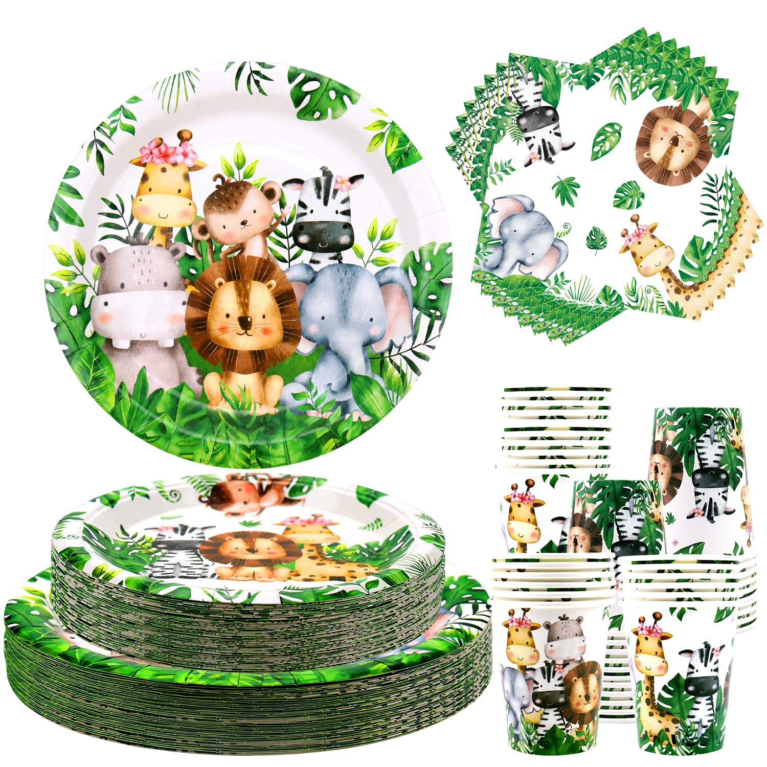 Safari Jungle Birthday Tableware Set - Decorazioni per il primo compleanno degli animali selvatici - 40 piatti piani, 40 bicchieri, 40 tovaglioli